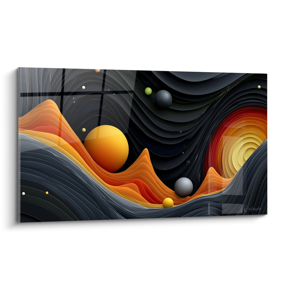 Tableau Vagues sculptées anthracite et orange incandescent - Cratère en fusion - Edition géometrique abstrait