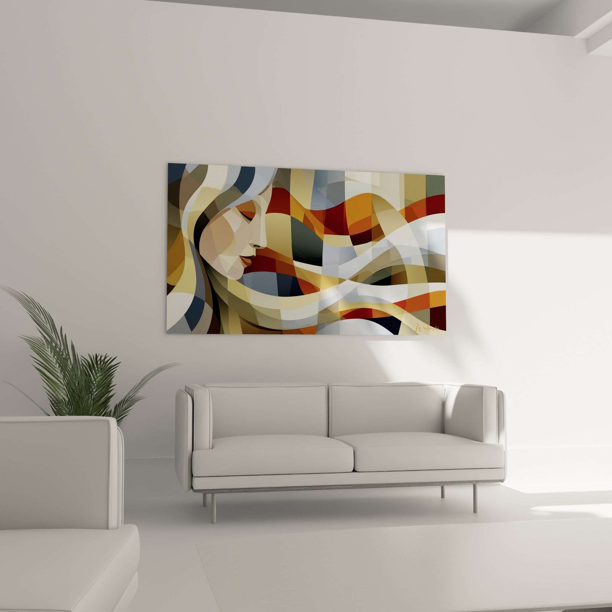 Vagues colorées bordeaux et bleu pastel entourant un visage, géométrique abstrait au-dessus d'un canapé dans un salon lumineux