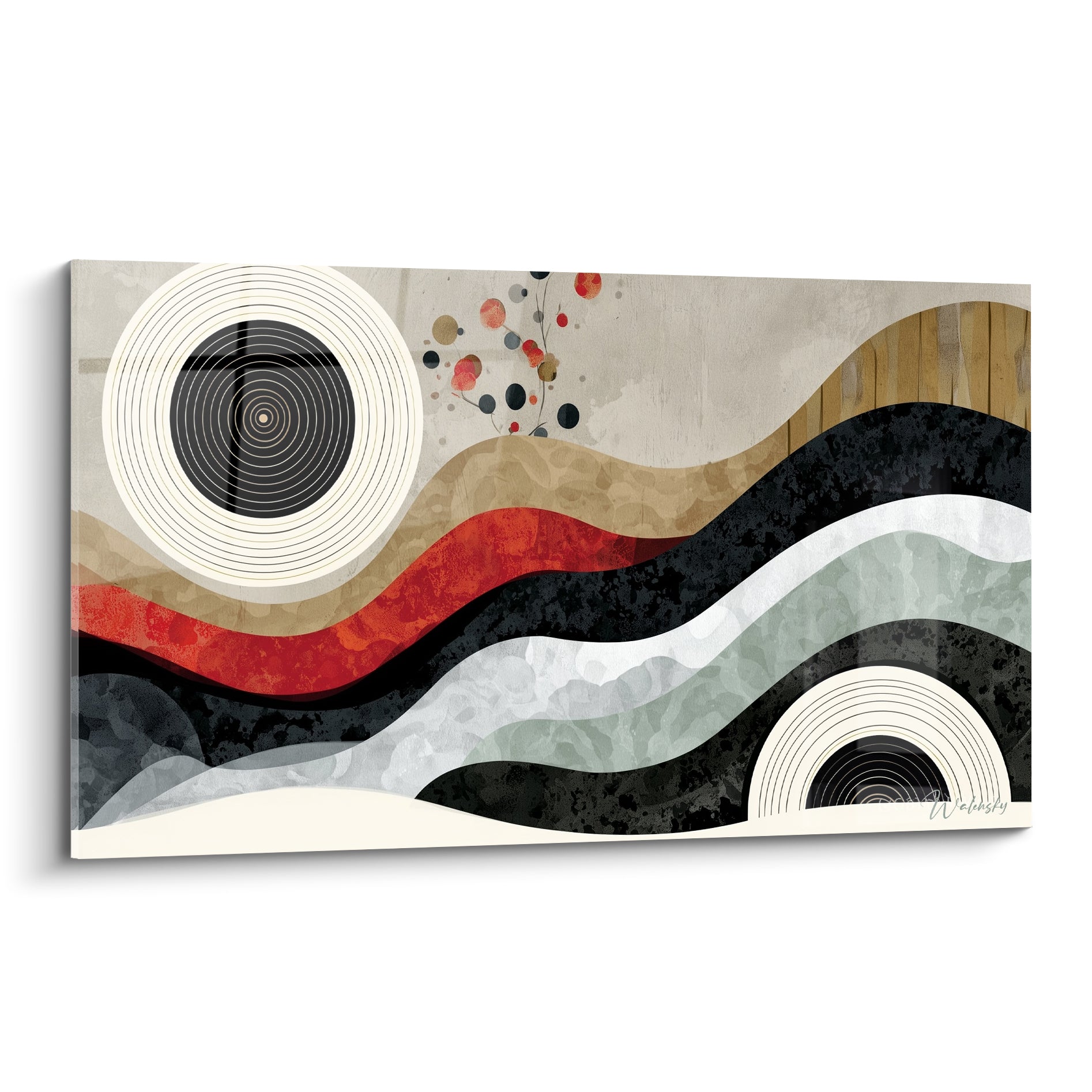 Vagues concentriques noires, rouges et vert sauge composant un tableau géométrique abstrait texturé