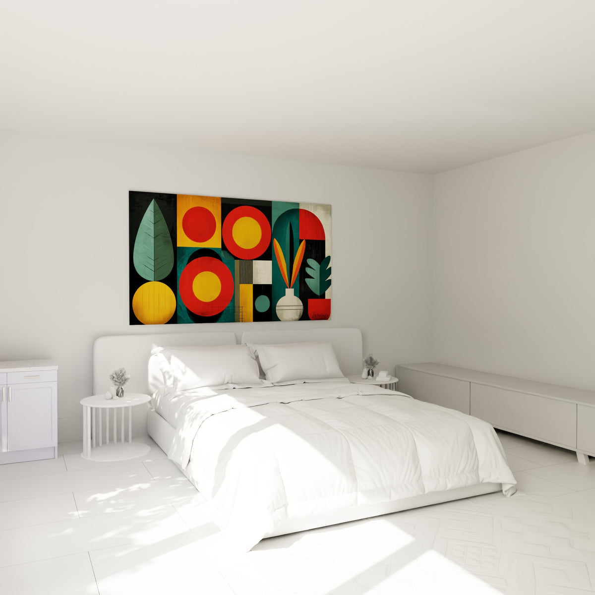Formes végétales et disques rouge et jaune au-dessus d'un lit dans une chambre claire