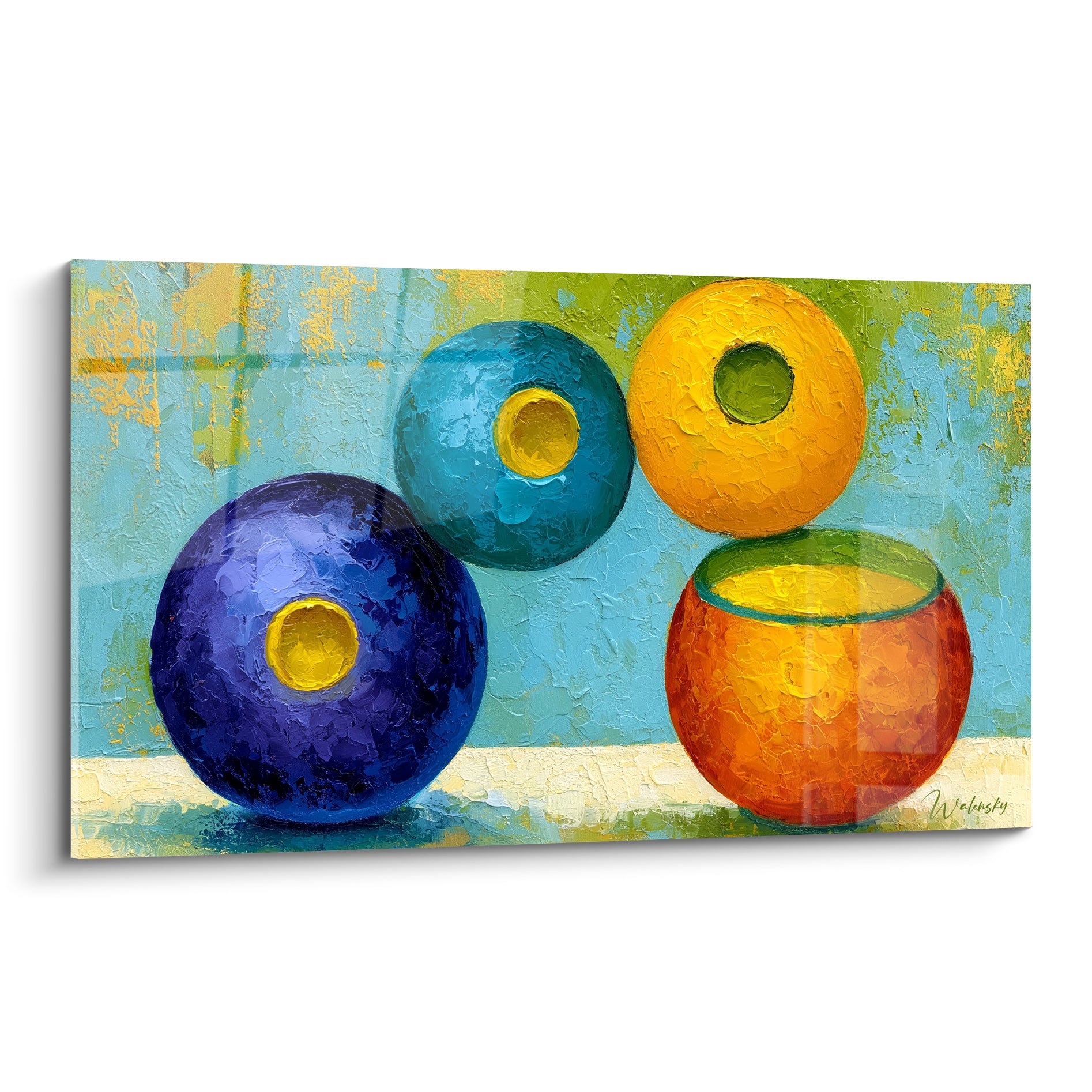 Sphères géométriques bleu marine, orange et jaune peintes en relief sur fond turquoise texturé