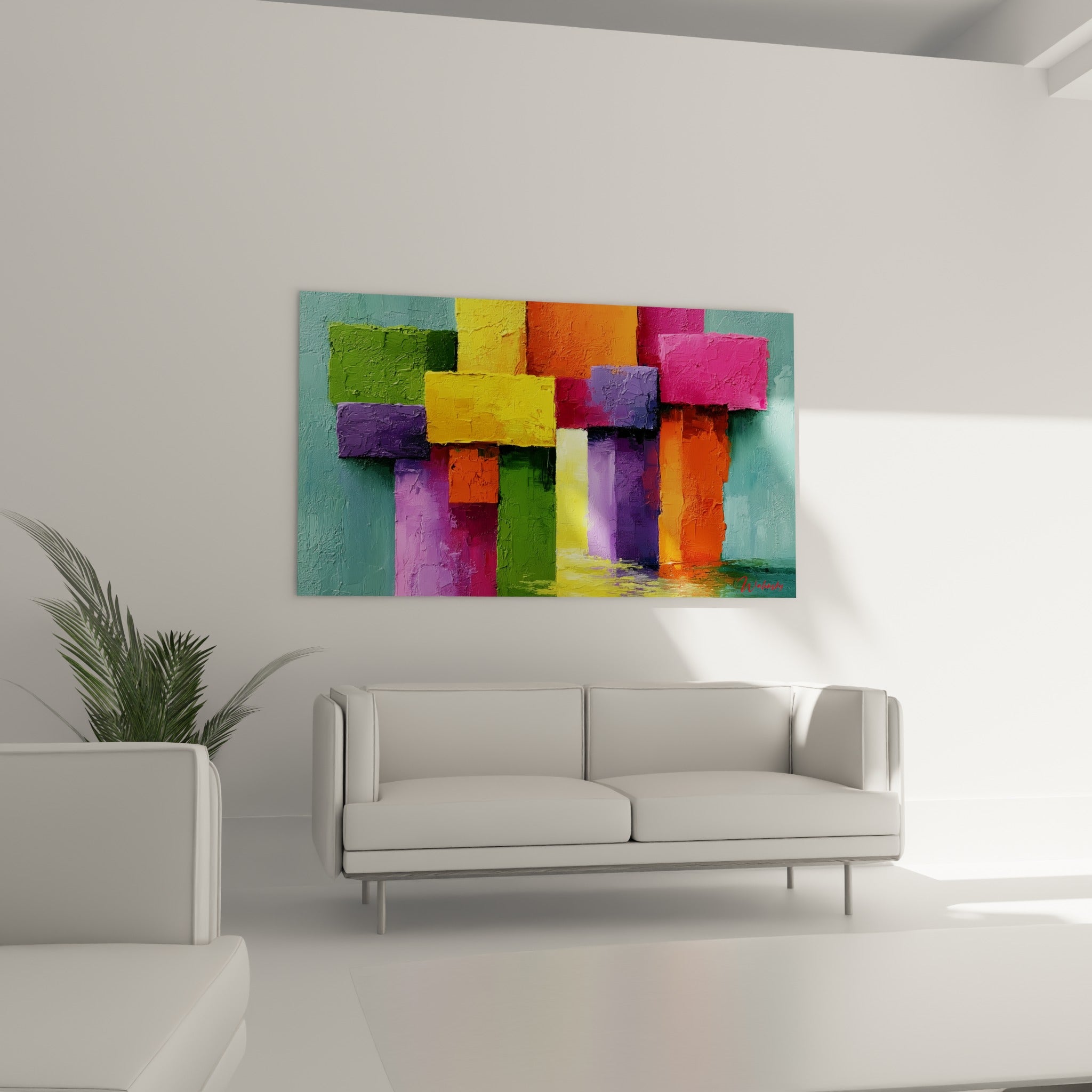 Formes rectangulaires géométrique abstrait en vert olive et rose au-dessus d'un canapé dans un salon lumineux