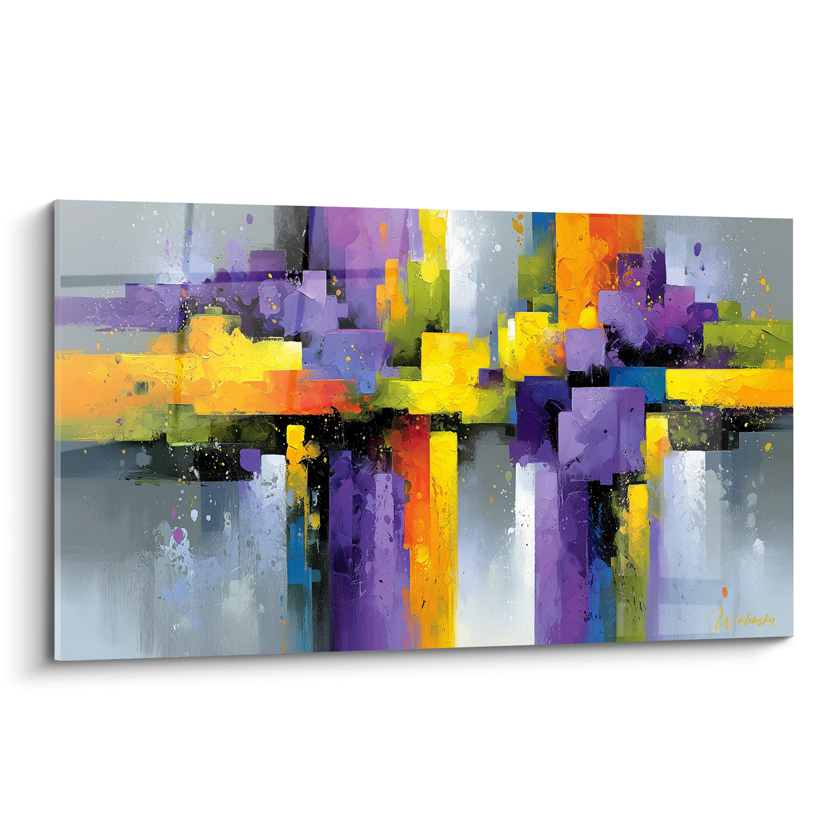 Blocs violets, jaunes et orange entrecroisés sur fond gris anthracite, style géométrique abstrait pictural