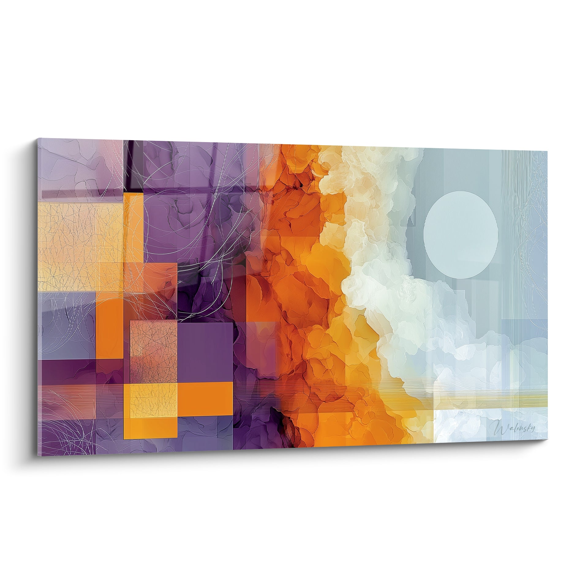 Composition géométrique abstraite violette et orange avec sphère bleu pastel et nuage blanc vaporeux