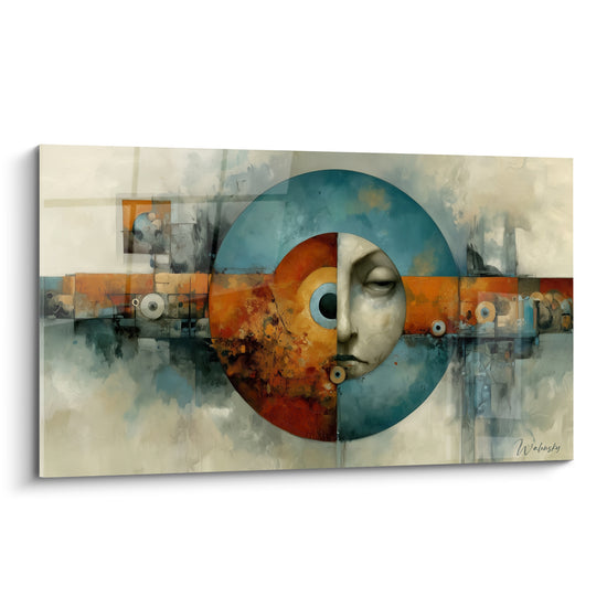 Visage fusionné dans un cercle bleu pétrole et orange terracotta, œuvre géométrique abstraite