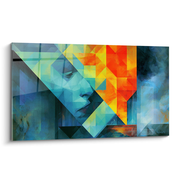 Tableau Visage bleu et triangles orange fragmentés - Fragments de pensée - Edition géometrique abstrait