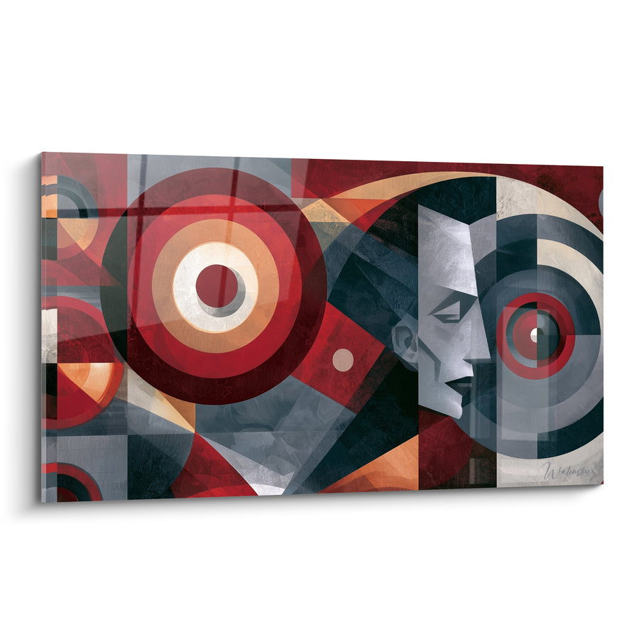 Tableau Visage cubiste rouge et anthracite - Pensée mécanique - Edition géometrique abstrait