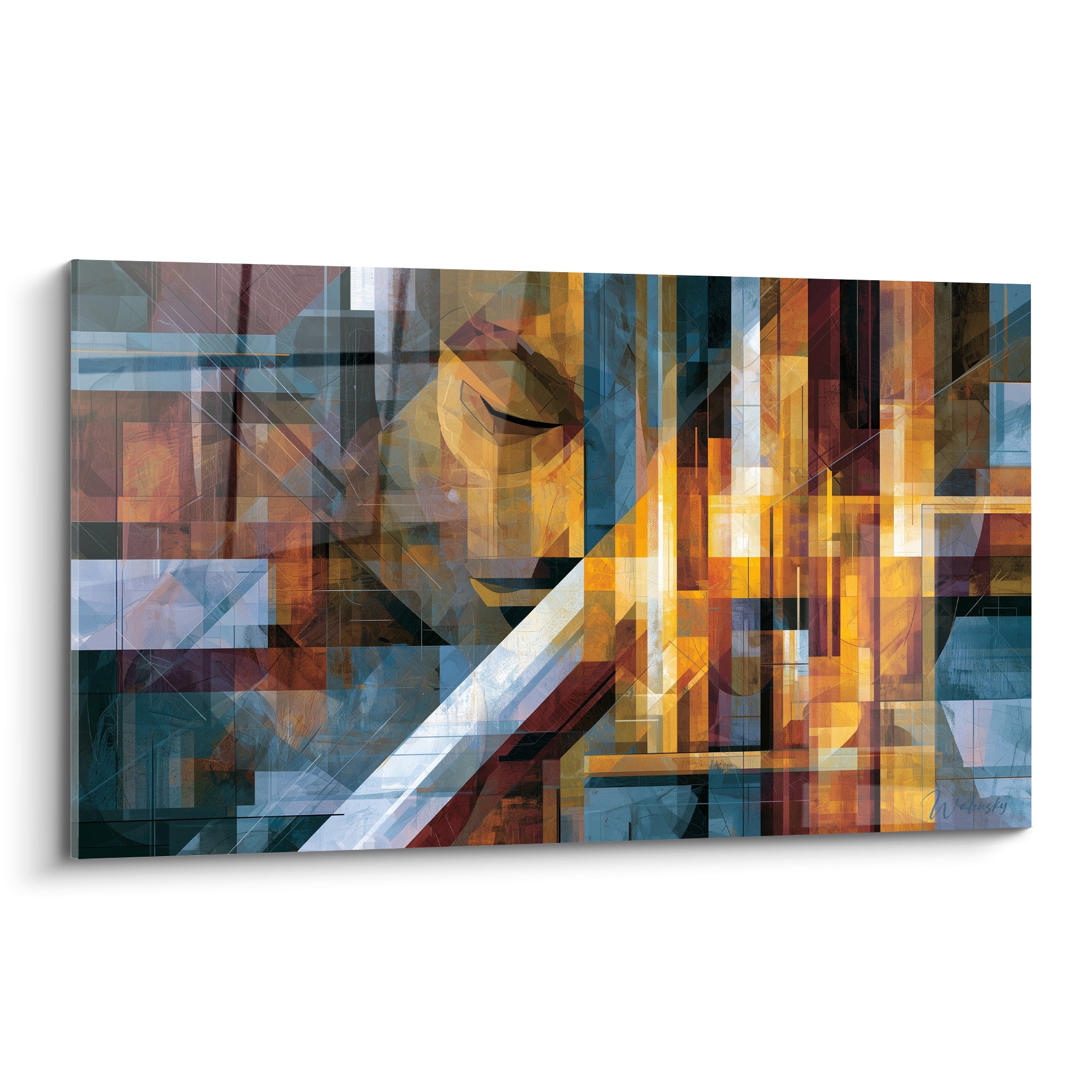Visage doré aux yeux clos fragmenté par des plans bleu anthracite et ocre lumineux