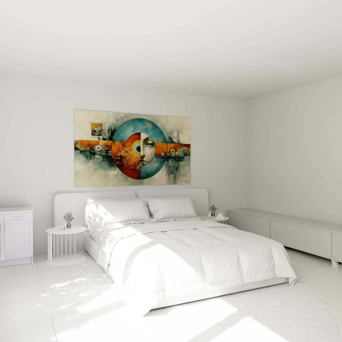 Cercle bicolore bleu et orange avec visage endormi, accroché au-dessus d'un lit dans une chambre claire