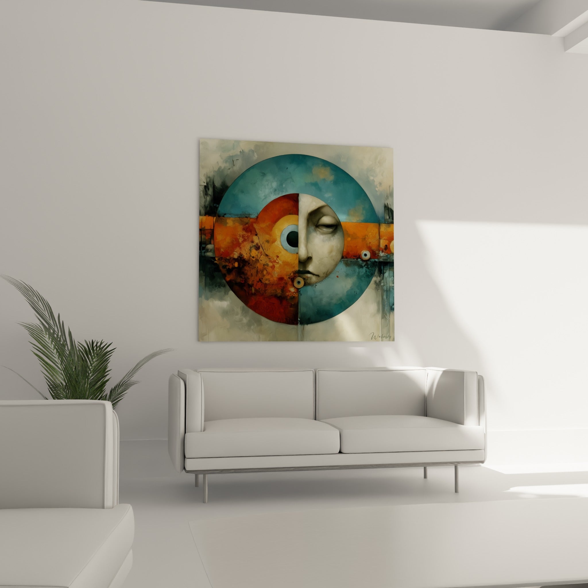 Œil bleu pastel et visage apaisé du tableau géométrique abstrait au-dessus d'un canapé dans un salon lumineux