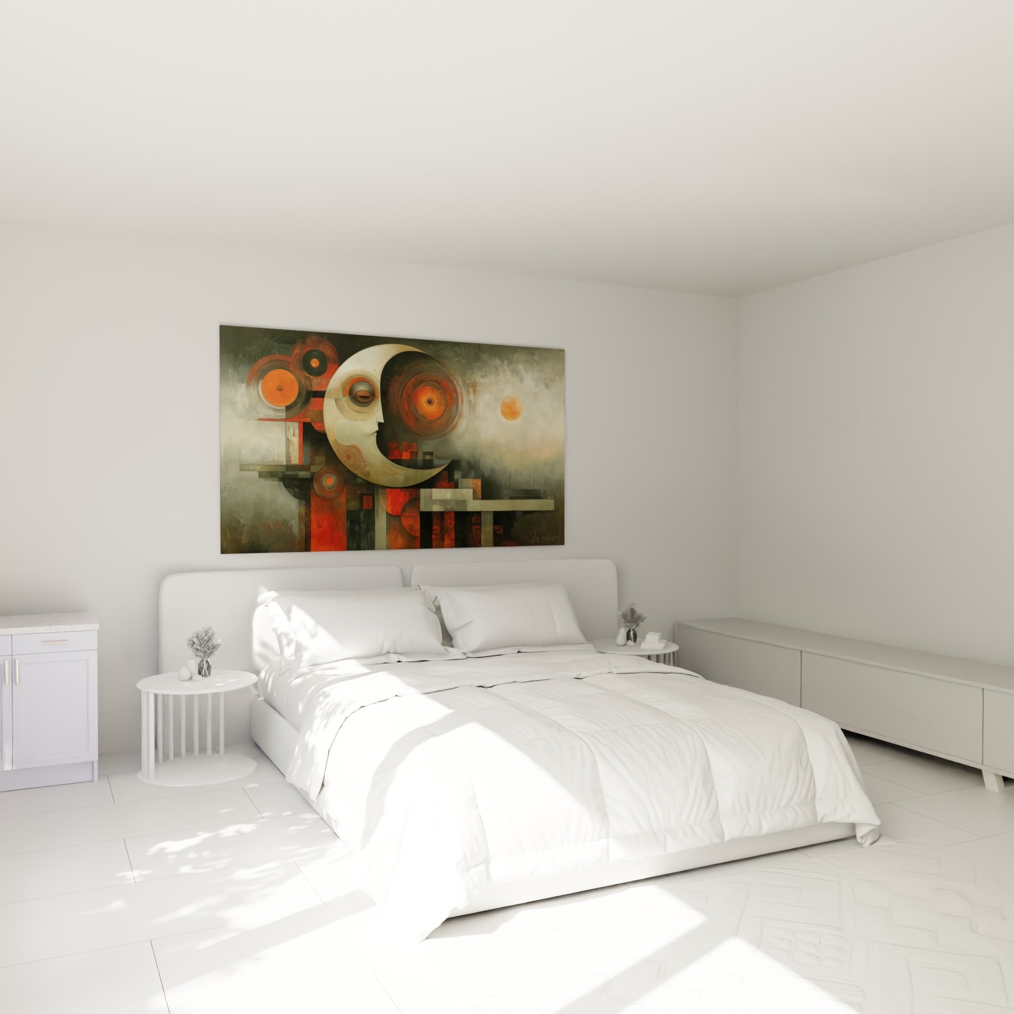 Visage lunaire terracotta et gris fumé accroché au-dessus d'un lit dans une chambre claire