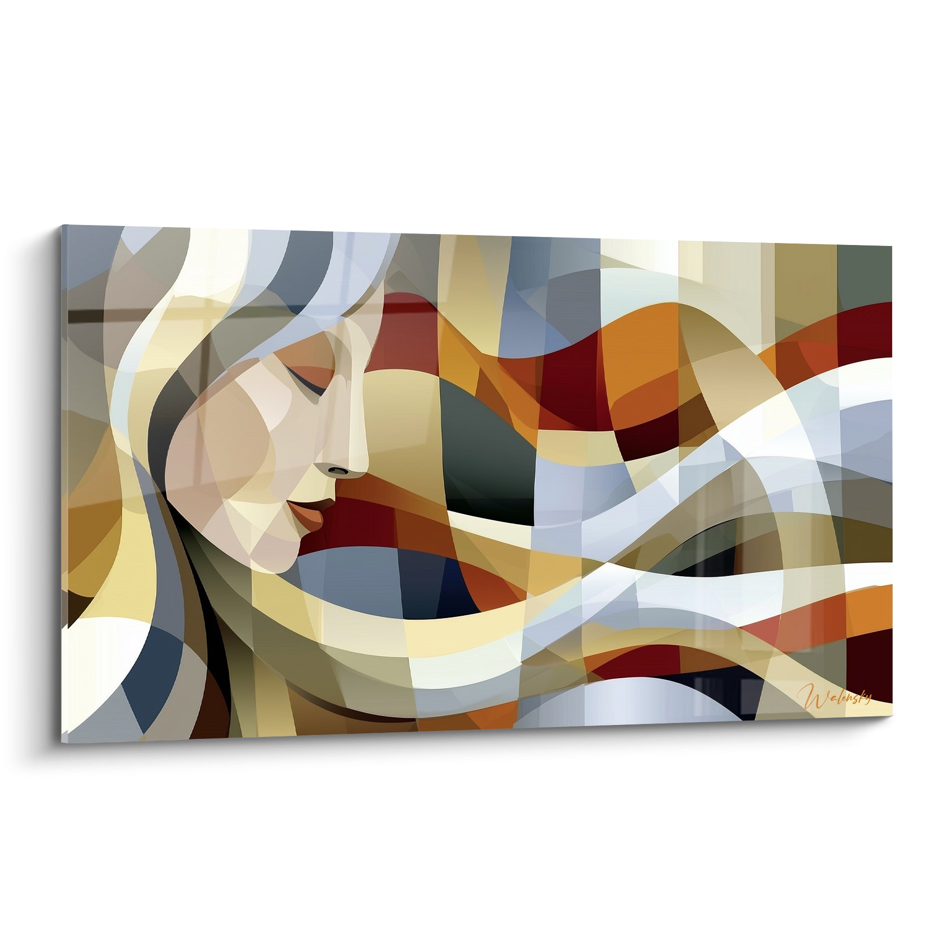 Visage féminin fragmenté ocre et bordeaux, yeux clos, style géométrique abstrait aux vagues colorées