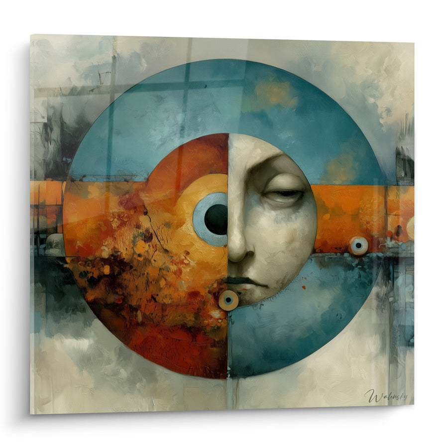 Tableau Visage mi-figure mi-œil bleu ocre - Dualité silencieuse - Edition géometrique abstrait