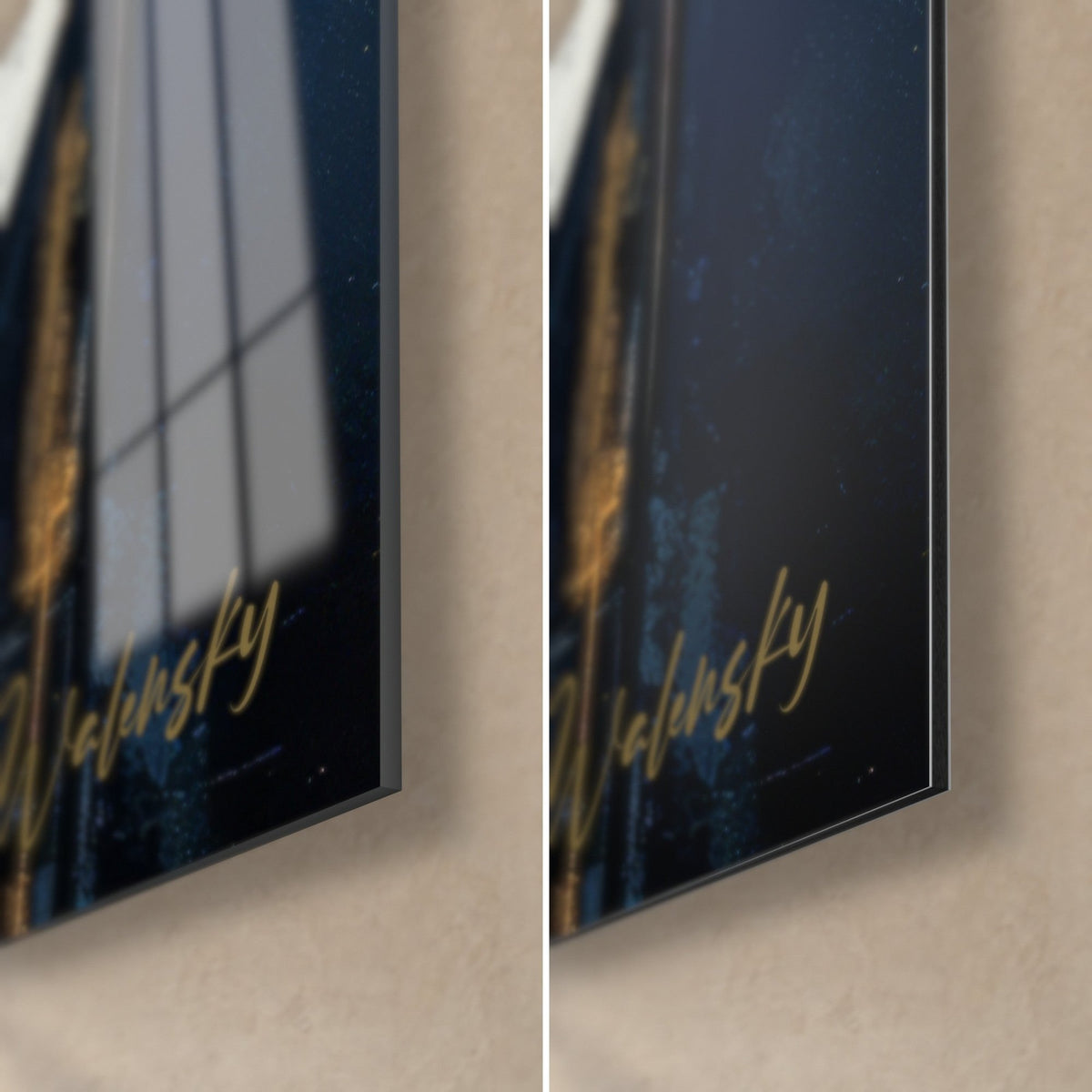 Gemälde abstrakter Gesichter, unten rechts nachtblau und goldgeädert, glänzendes Acrylglas gegenüber dem matten Dibond, 3 mm Kante