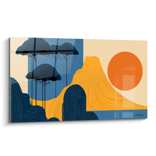 Tableau Volcan doré et soleil orange - Aube volcanique - Edition géometrique abstrait