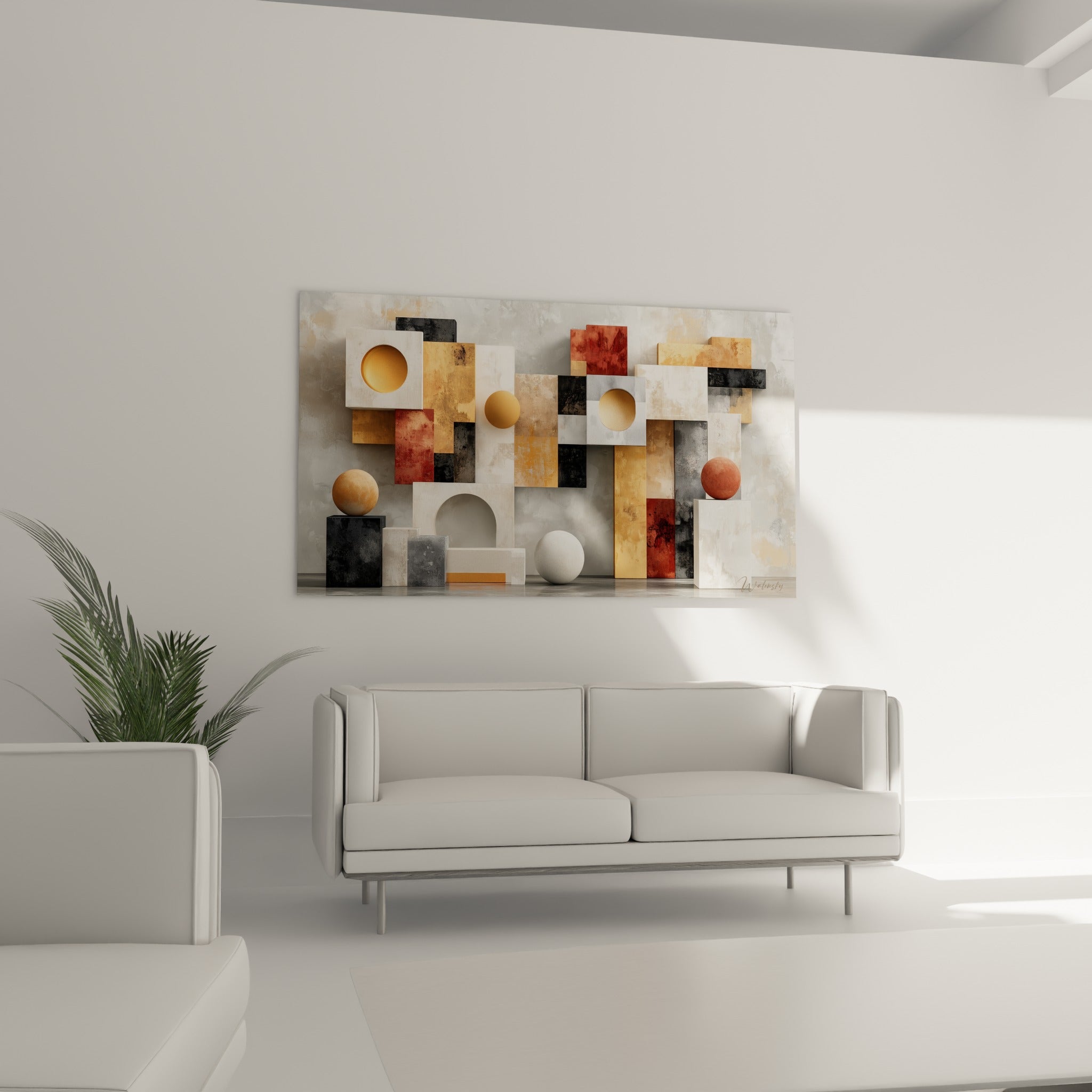 Blocs ocre et sphères blanches du tableau géométrique abstrait accrochés au-dessus d'un canapé dans un salon lumineux