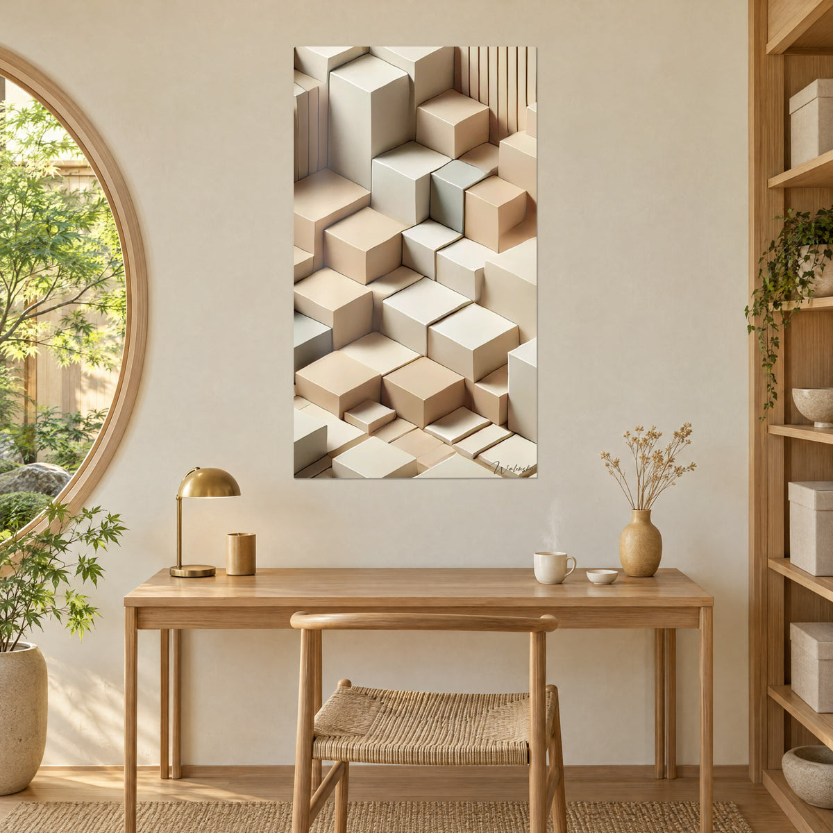 Gemälde Mosaik aus elfenbeinfarbenen und graubeigen Quadern im Relief, an heller Wand, Schreibtisch aus hellem Holz, Messinglampe, runde Fenster
