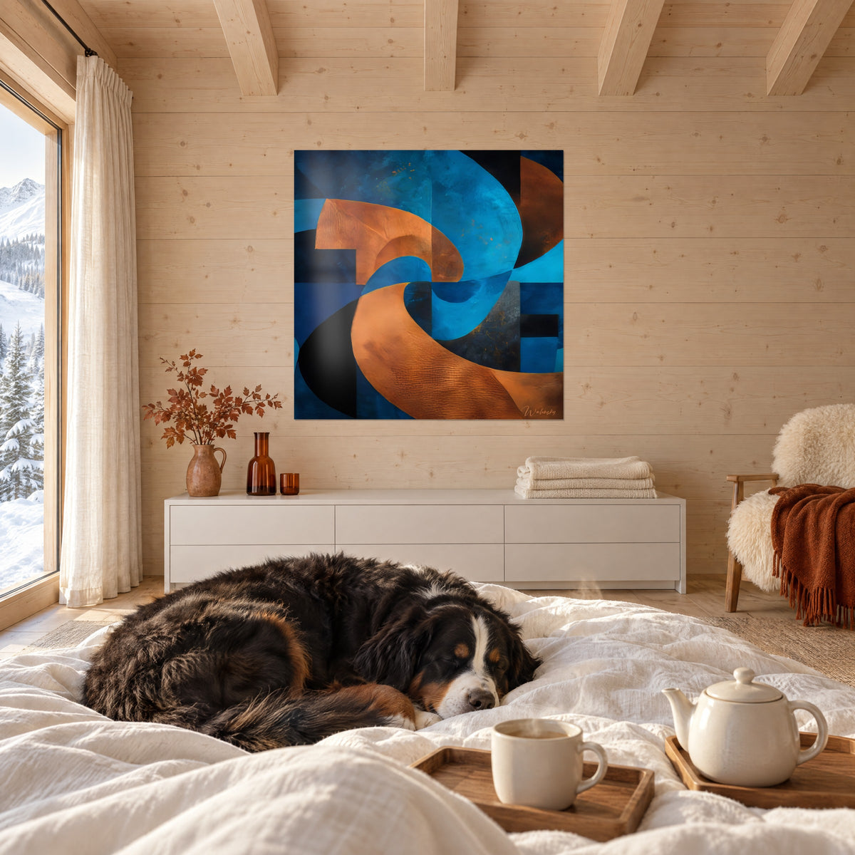 Cuadro volutas abstractas naranja cobre y azul profundo, matices patinados, encima de una cama en un dormitorio luminoso