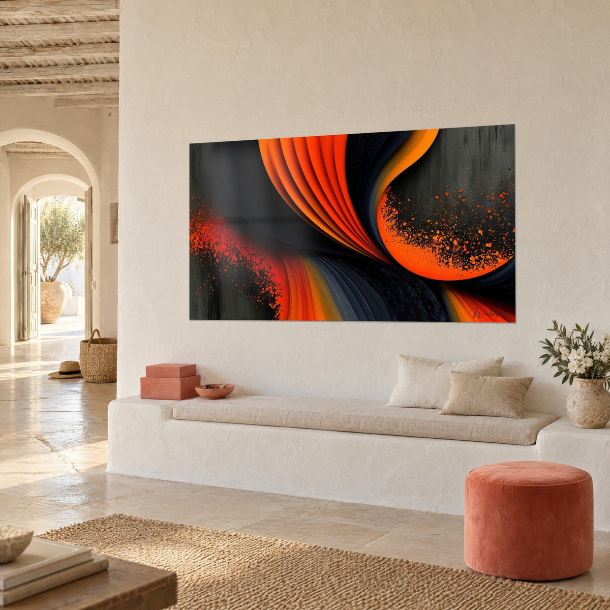 Wall art with a suspended flame of vivid orange and charcoal black folds, red spots, three-quarter view, white stone bench