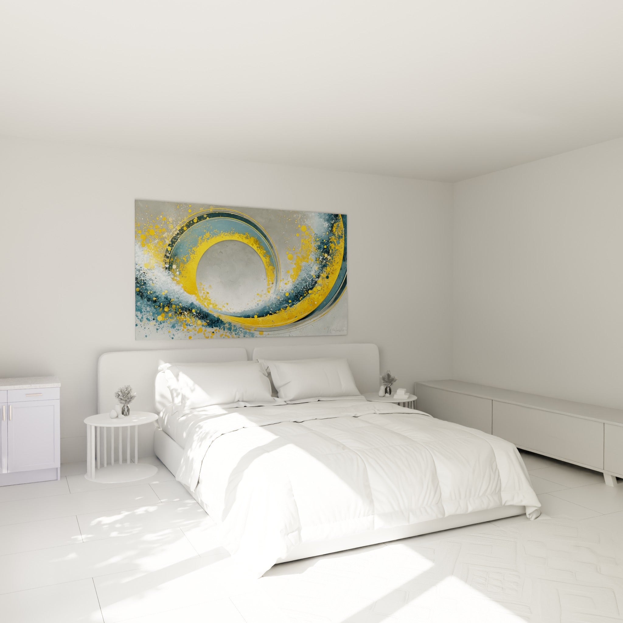 Vortex doré et bleu marine du tableau géométrique abstrait accroché au-dessus d'un lit dans une chambre claire