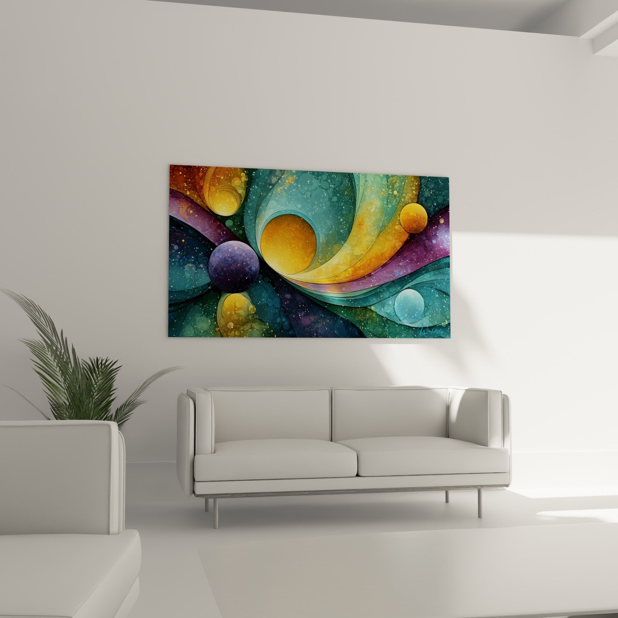 Vortex turquoise et ocre aux courbes fluides installé au-dessus d'un canapé dans un salon lumineux
