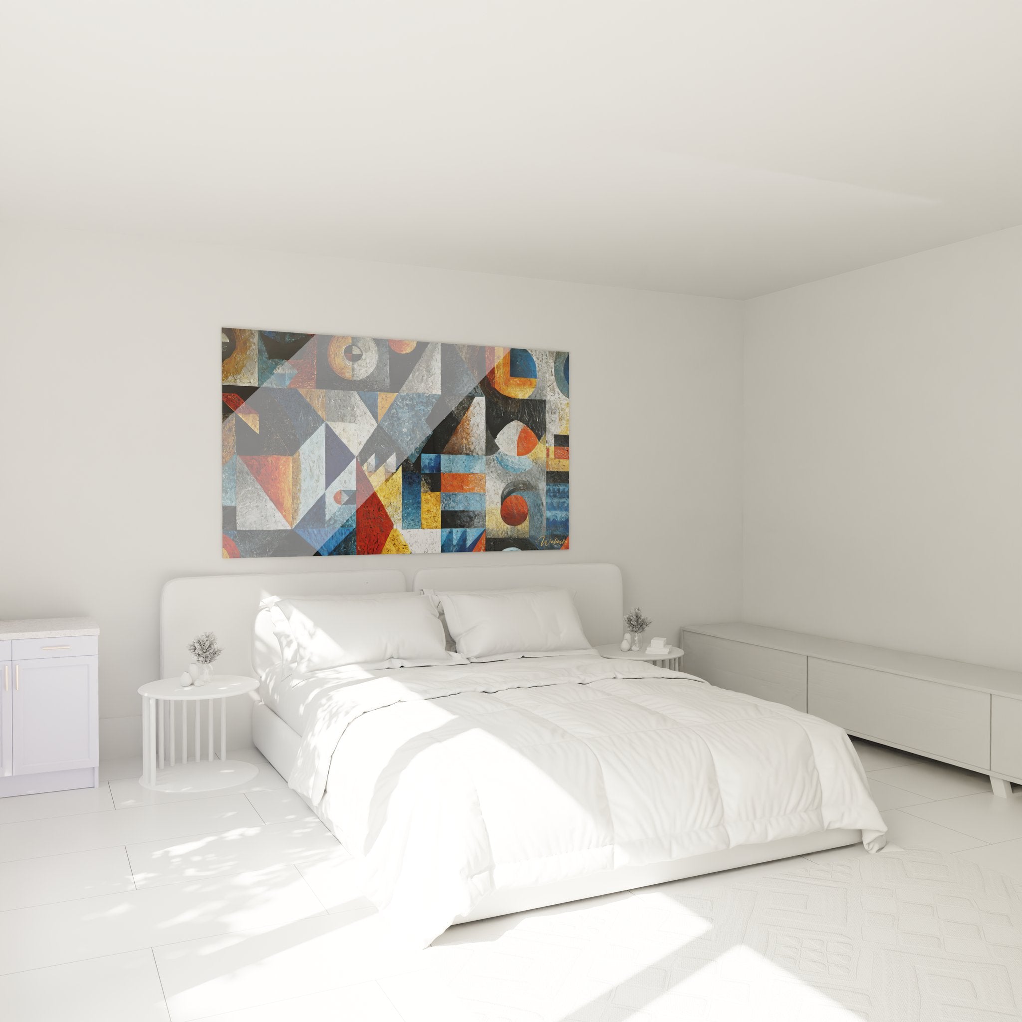 Tableau géométrique africain dans chambre moderne avec décoration contemporaine