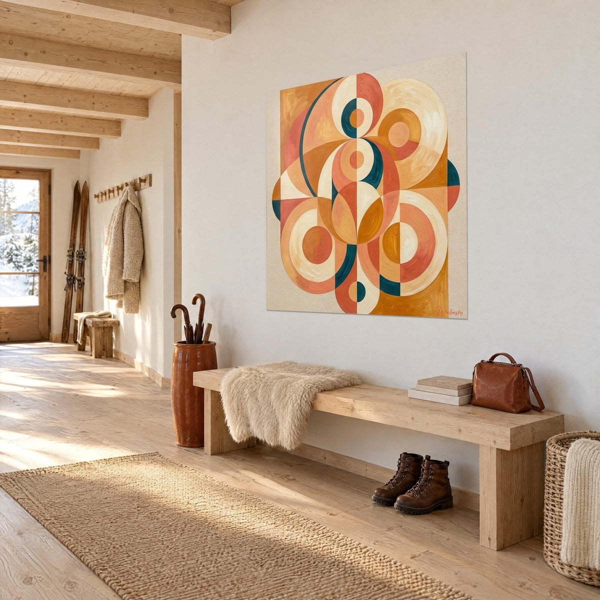 Wall art with a symmetrical composition of cream, salmon pink and petrol blue discs, three-quarter view above a light wood bench