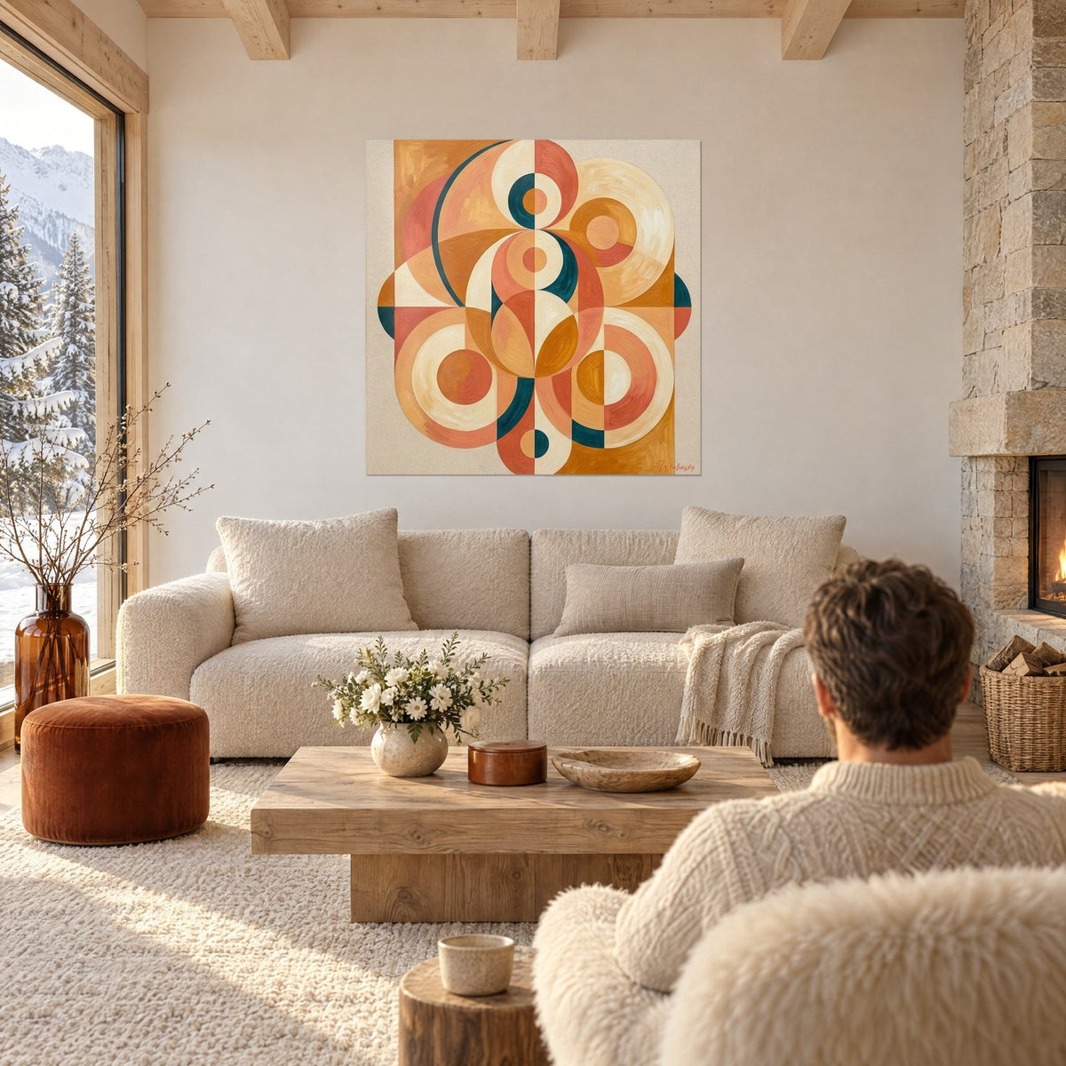Wall art with concentric circles in ochre and terracotta, teal and cream, couple seen from behind above a sofa in a bright living room