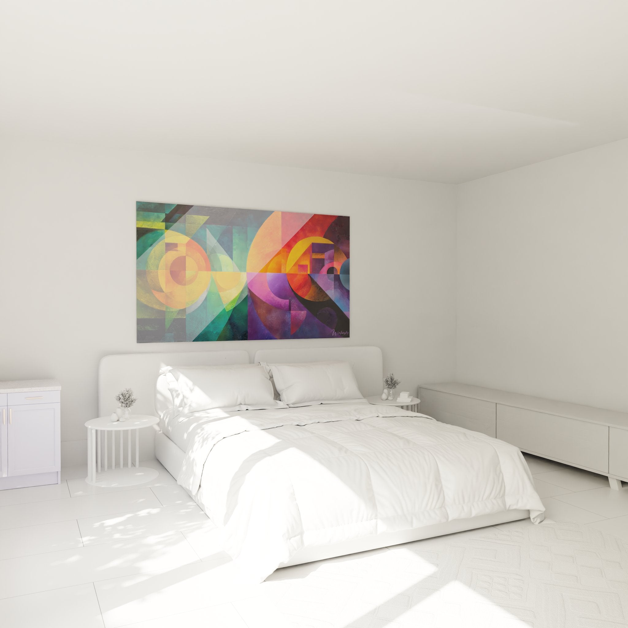 Tableau géométrique abstrait cercles colorés dans chambre moderne, décoration murale contemporaine