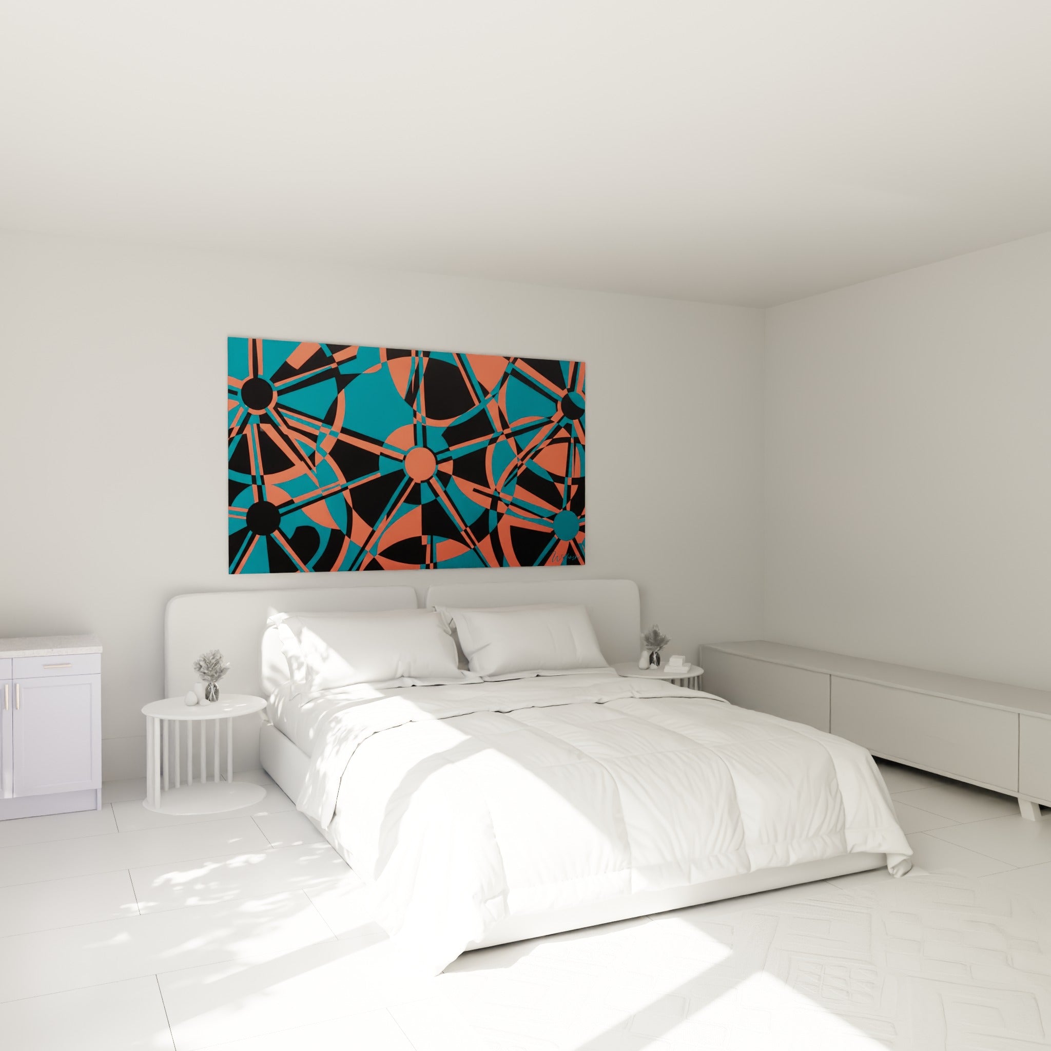 Cercles géométriques corail et bleu canard accrochés au-dessus d'un lit dans une chambre claire