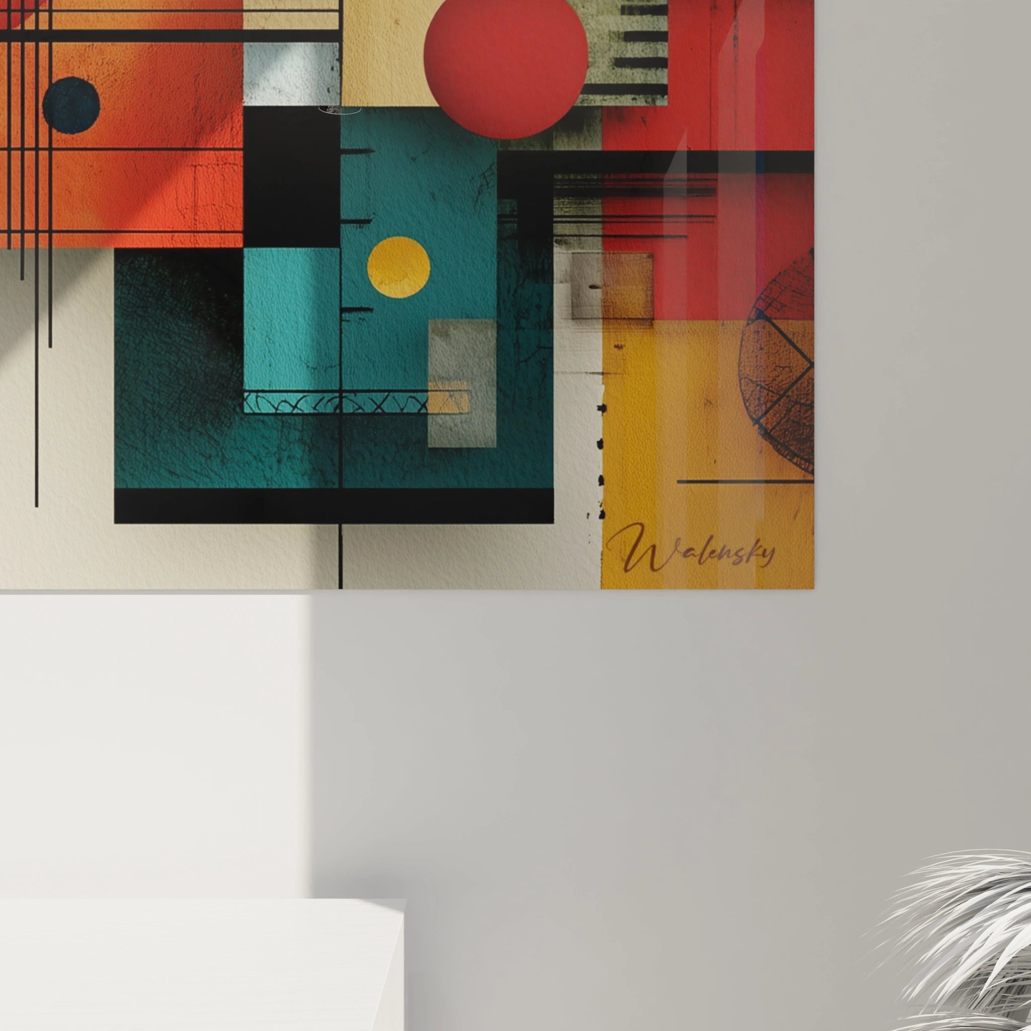 Tableau mural moderne par Walensky tableau géométrique Bauhaus coloré avec cercles rouges et formes rectangulaires