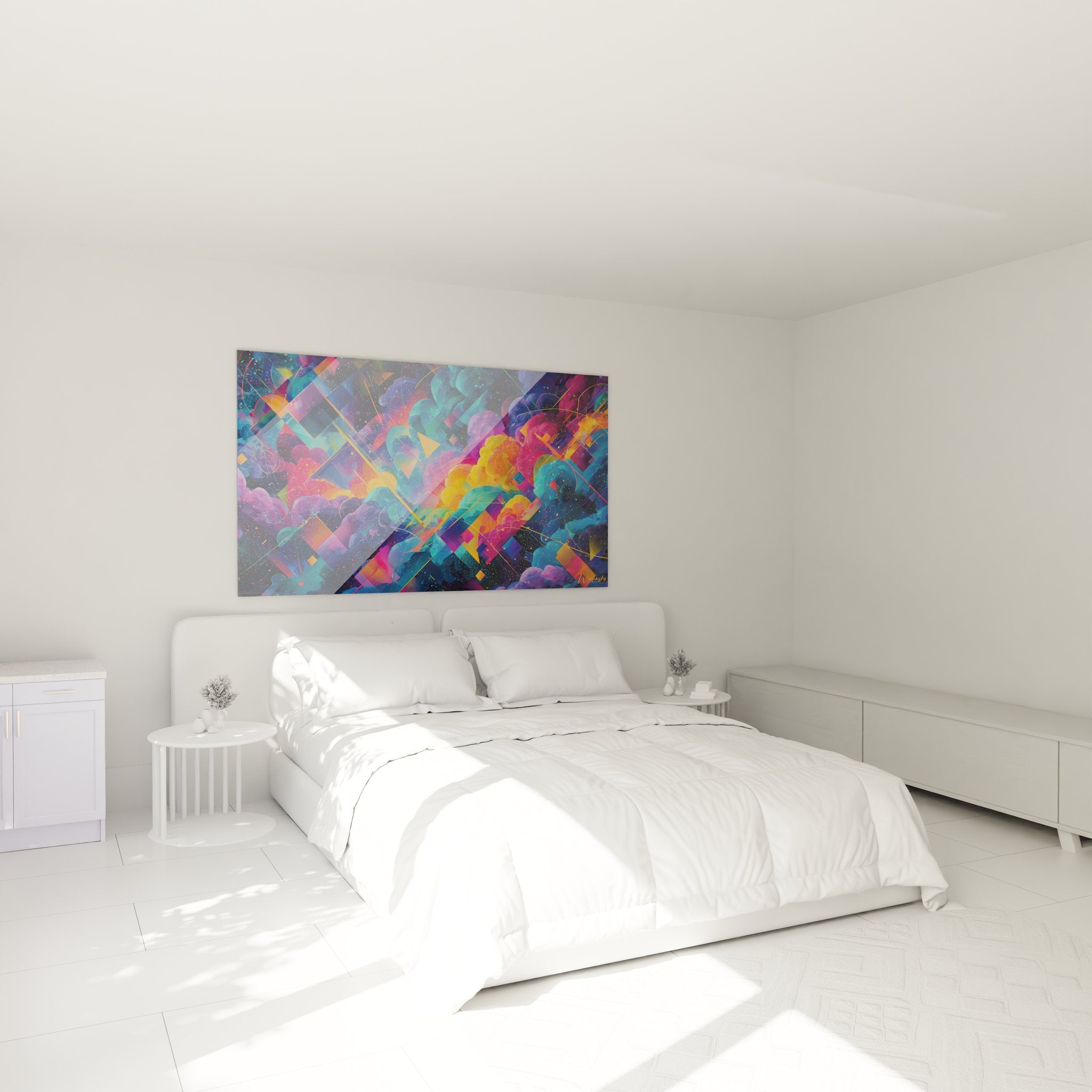 Ambiance chambre avec tableau géométrique abstrait cosmos aux couleurs vives et motifs cosmiques