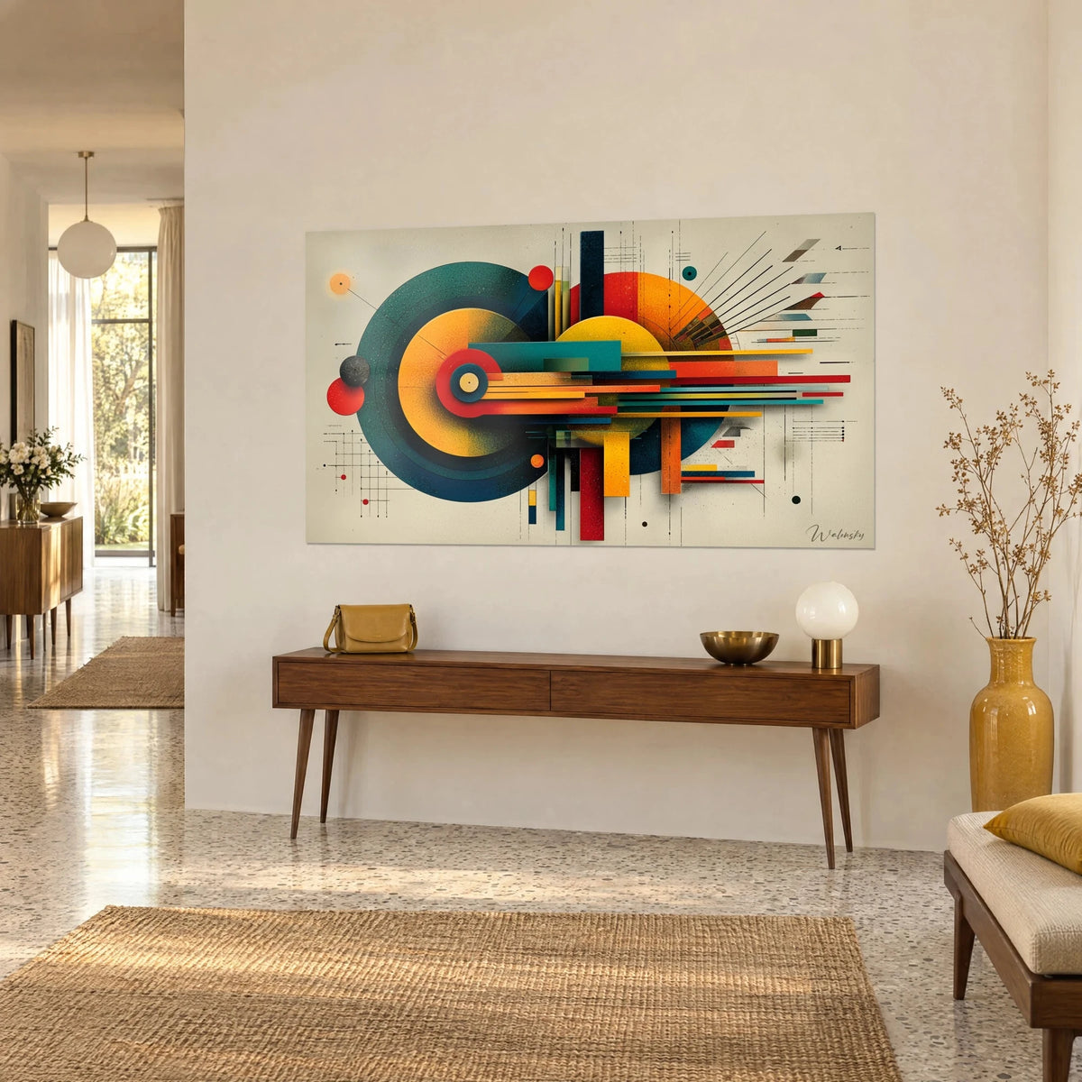 Wall art concentric circles in teal and orange crossed by red and yellow bars, hung above a wooden console table