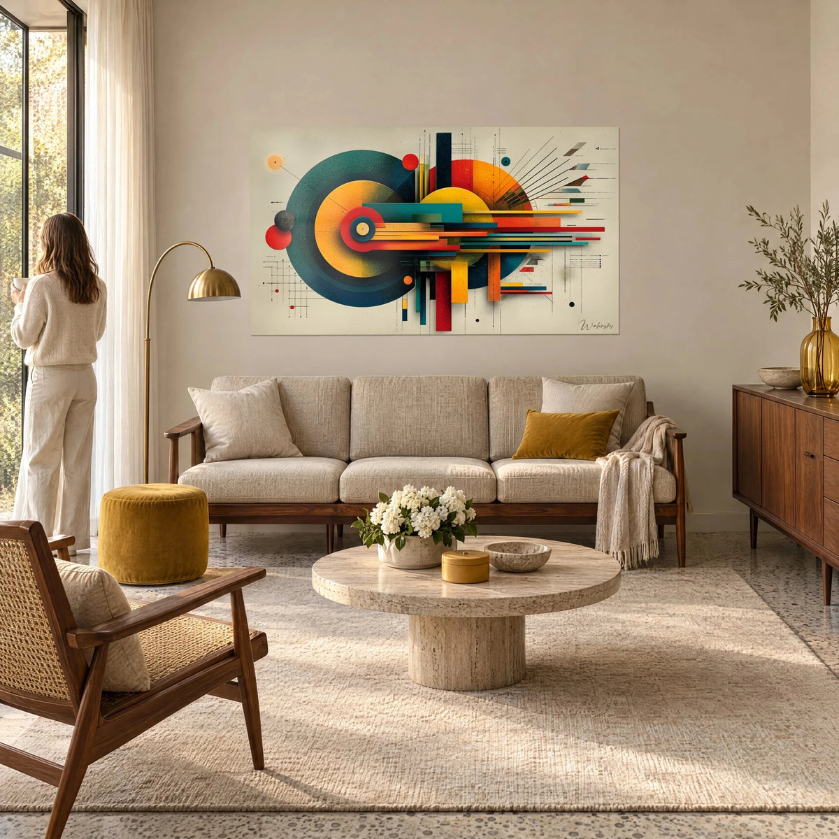 Wall art Bauhaus composition with teal and mustard yellow circles, radiating red lines, hung above a sofa in a bright living room