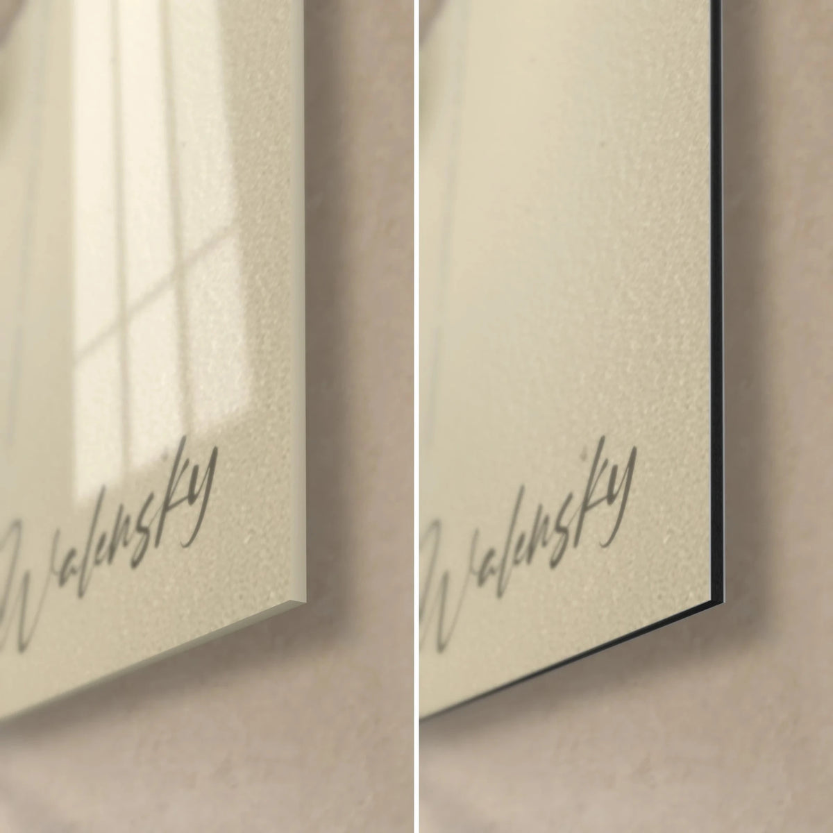 Wall art geometric art, bottom right corner: glossy glass on the left, matte Dibond aluminium on the right, Walensky signature, 3 mm black edge