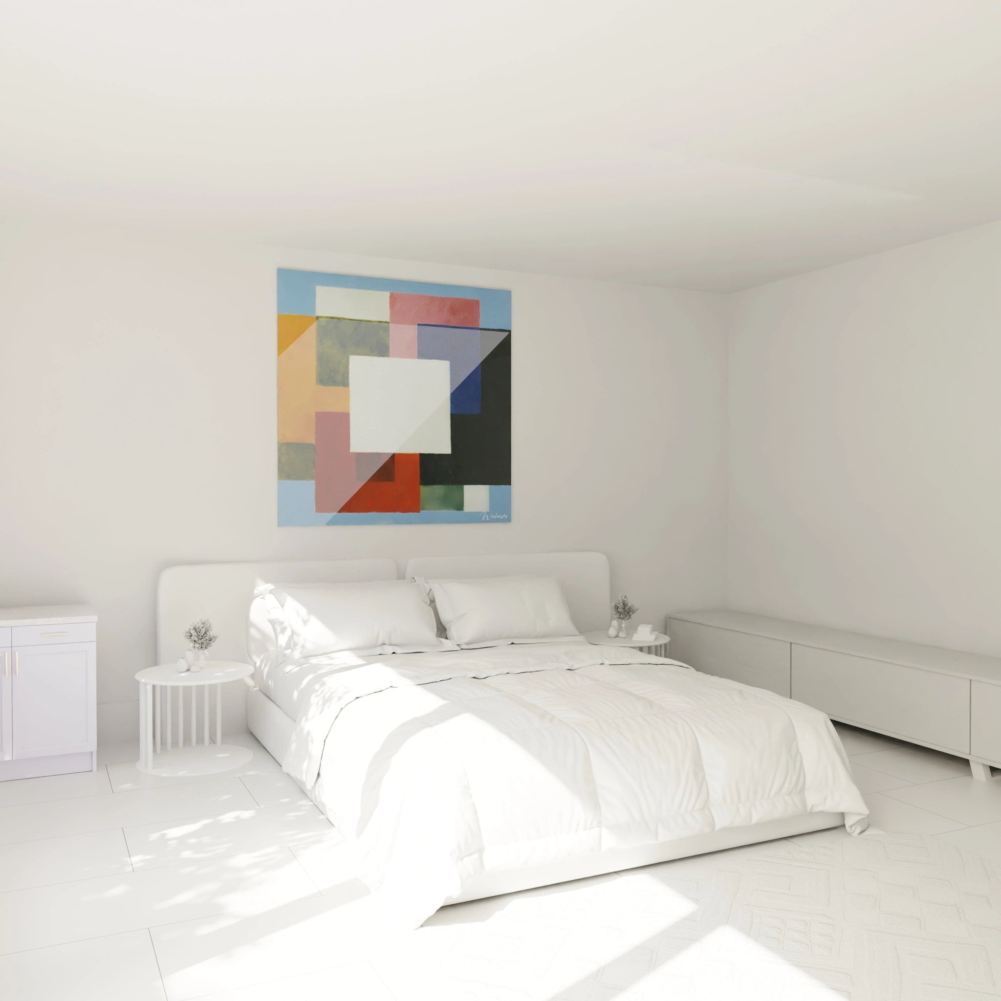 tableau géométrique constructivisme Walensky accroché au dessus d un lit dans une chambre blanche minimaliste