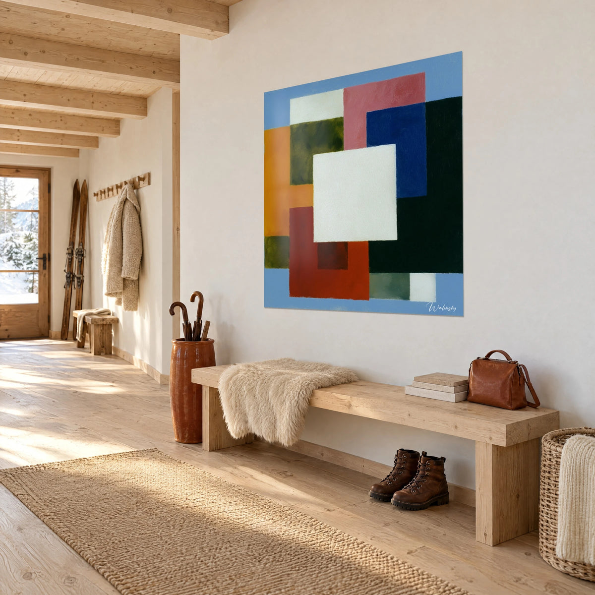 Tableau couloir de chalet en vue de trois-quarts, constructiviste aux aplats rouge brique, rose et vert olive sur fond bleu ciel