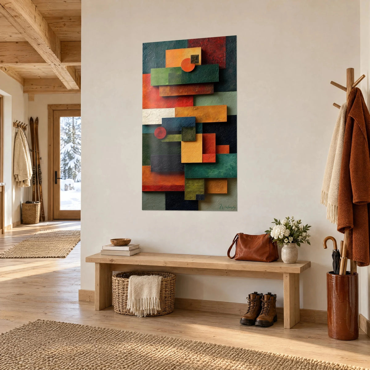 Tableau mosaïque de blocs en relief moutarde, bleu pétrole et ocre, vue de trois-quarts, banc en bois dans l'entrée d'un chalet