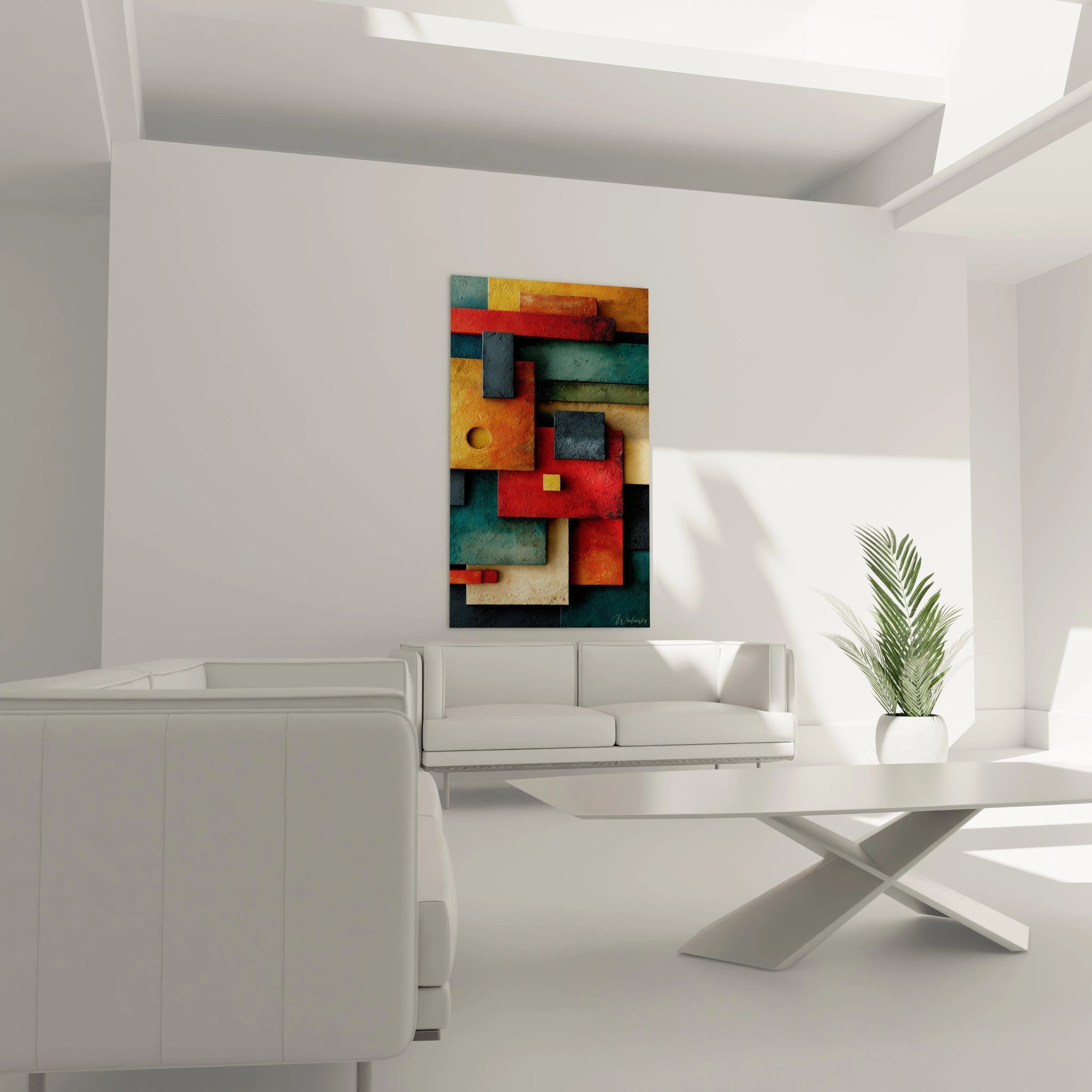 tableau géométrique Bauhaus Walensky toile murale colorée abstraite rouge bleu jaune décor salon