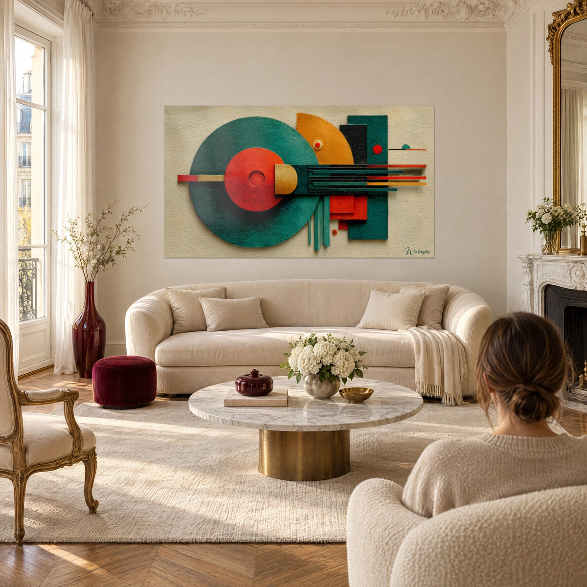 Tableau composition géométrique de disques vert sapin et rouge corail, barres sombres, femme de dos, au-dessus d'un canapé dans un salon lumineux