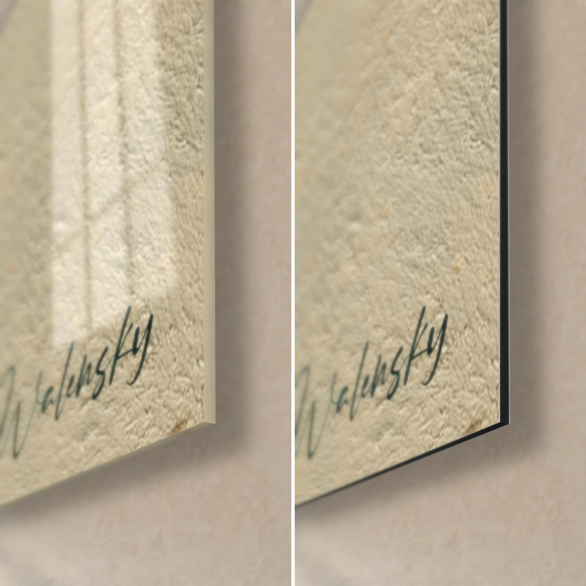 Tableau abstrait Bauhaus, coin bas droit : verre acrylique brillant aux reflets, alu Dibond mat crème, tranche de 3 mm