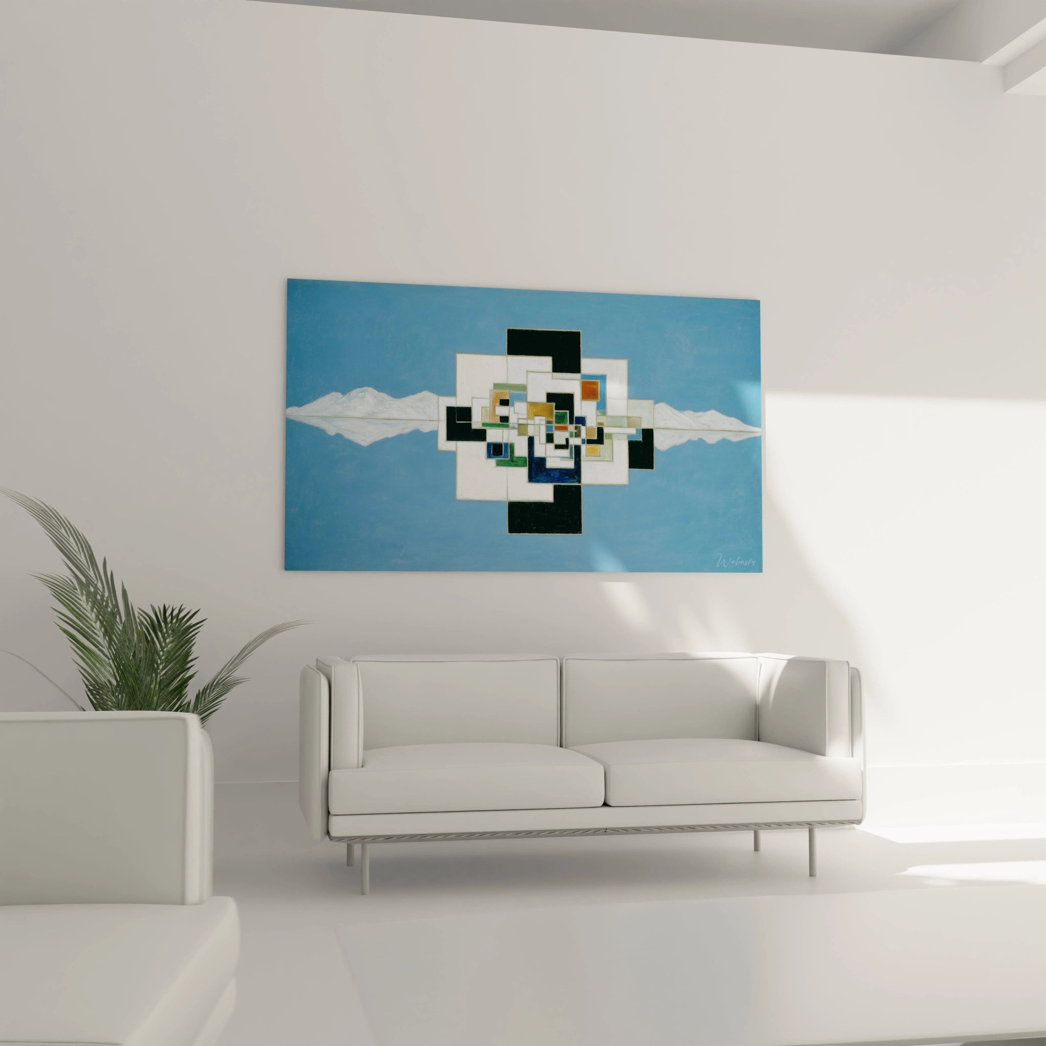 tableau géométrique moderne Walensky sur fond bleu accroché au dessus d un canapé dans salon minimaliste