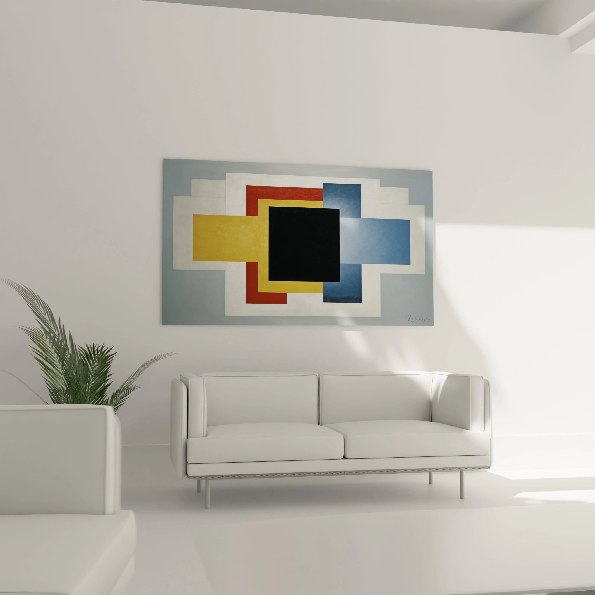 tableau géométrique constructivisme Walensky accroché au-dessus d'un canapé blanc, formes rectangulaires colorées et carré noir