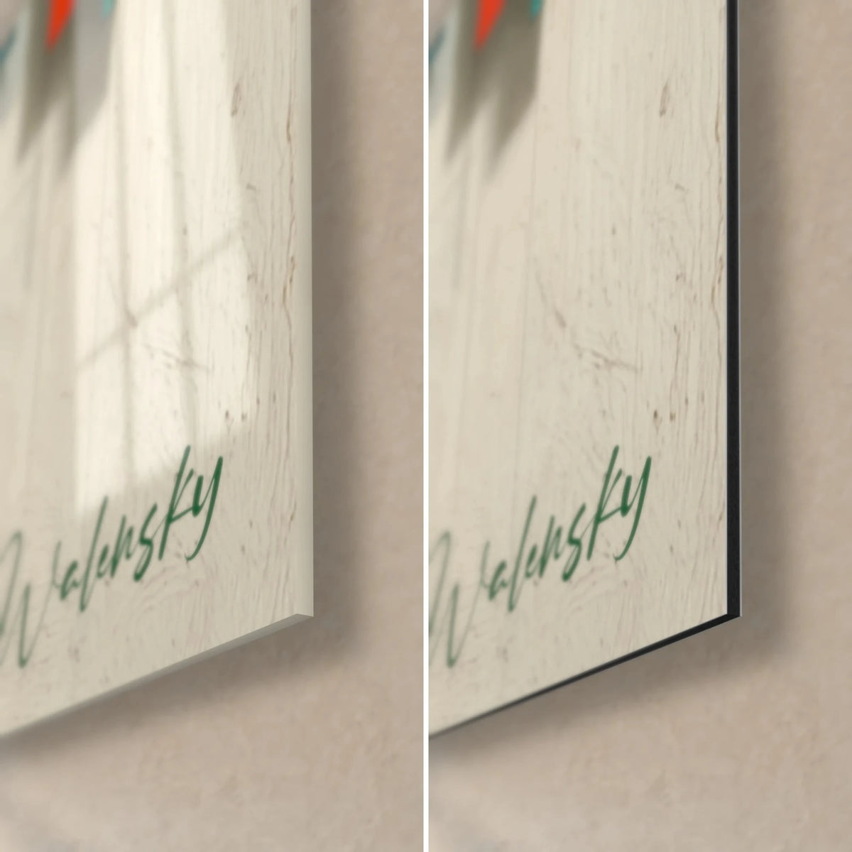 Wall art abstract Bauhaus-style artwork, bottom right corner: green Walensky signature on glossy glass on the left, matte Dibond on the right