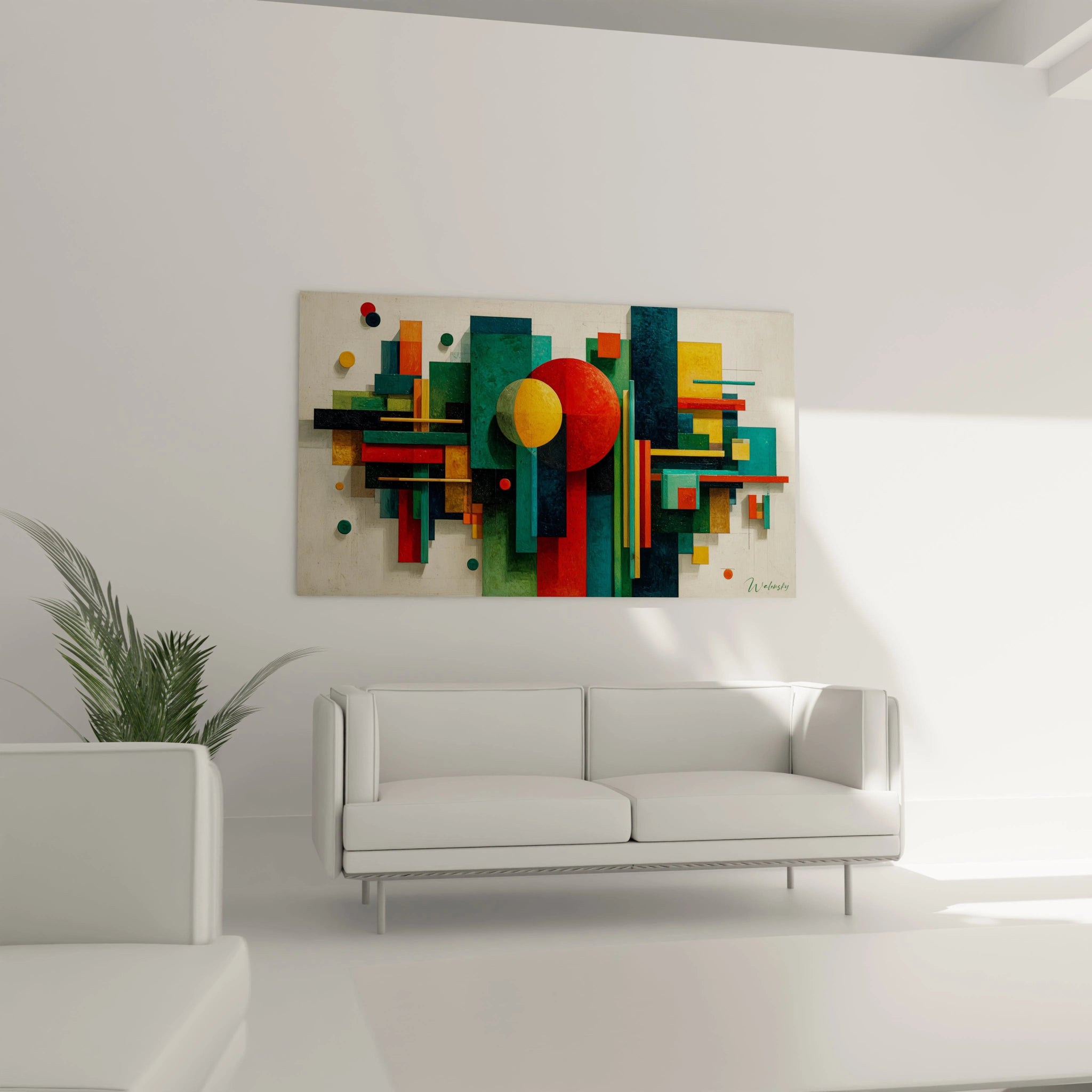 tableau géométrique Bauhaus Walensky coloré abstrait sur toile formes circulaires et rectangles au dessus du canapé blanc moderne