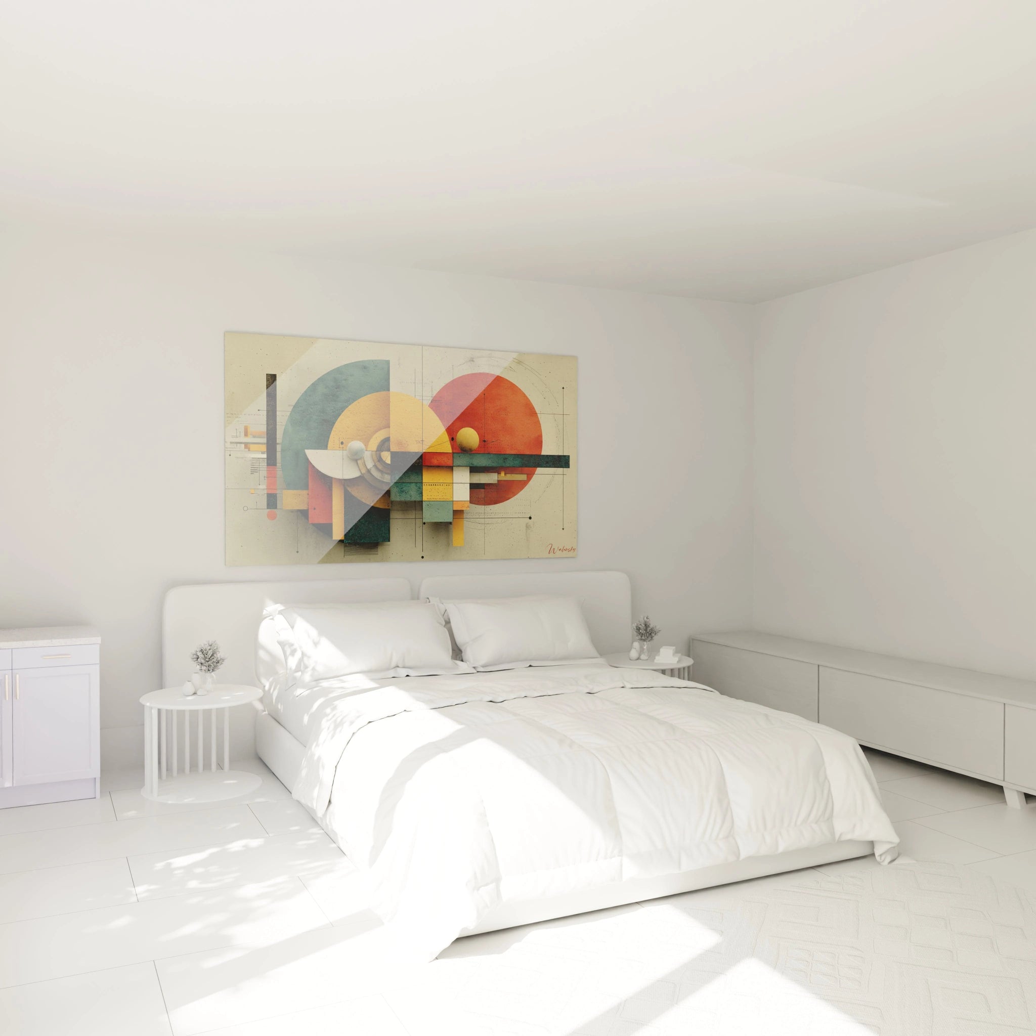 Tableau mural Walensky tableau géométrique Bauhaus aux formes colorées accroché au dessus d un lit blanc minimaliste
