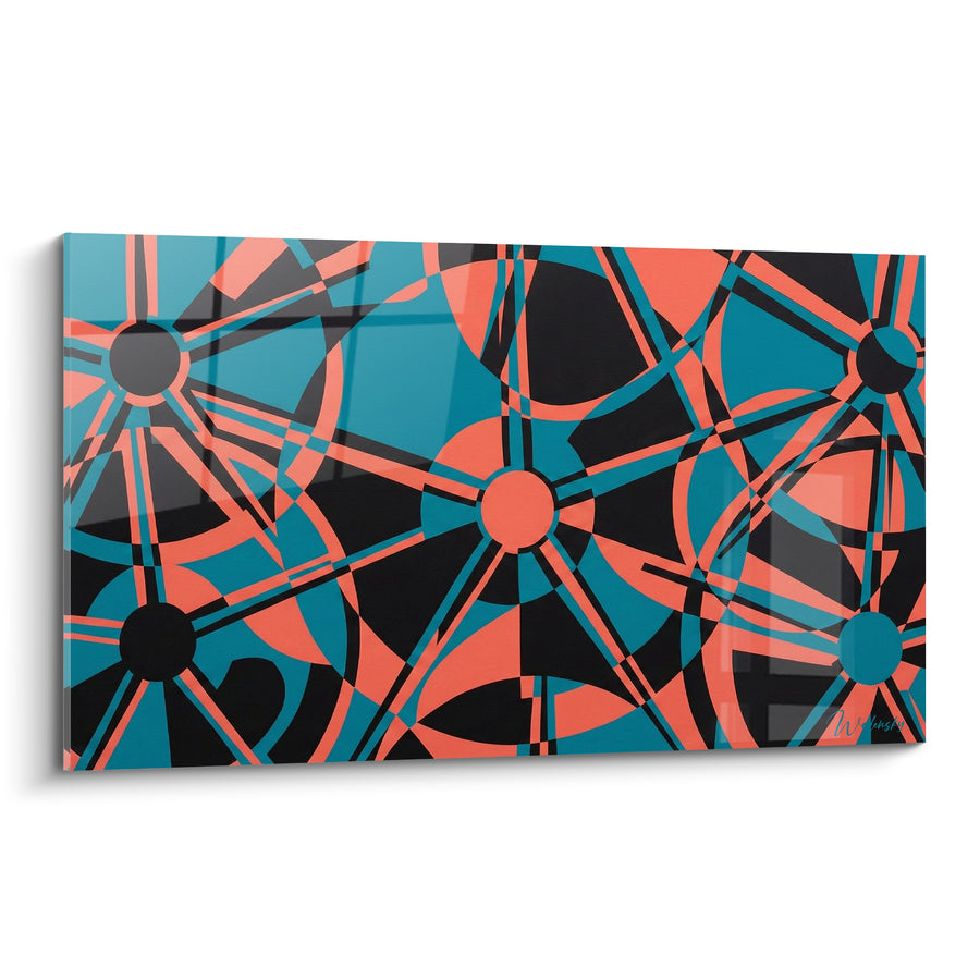 Tableau Roues corail et bleu canard entrelacées - Rouages en mouvement - Edition géometrique