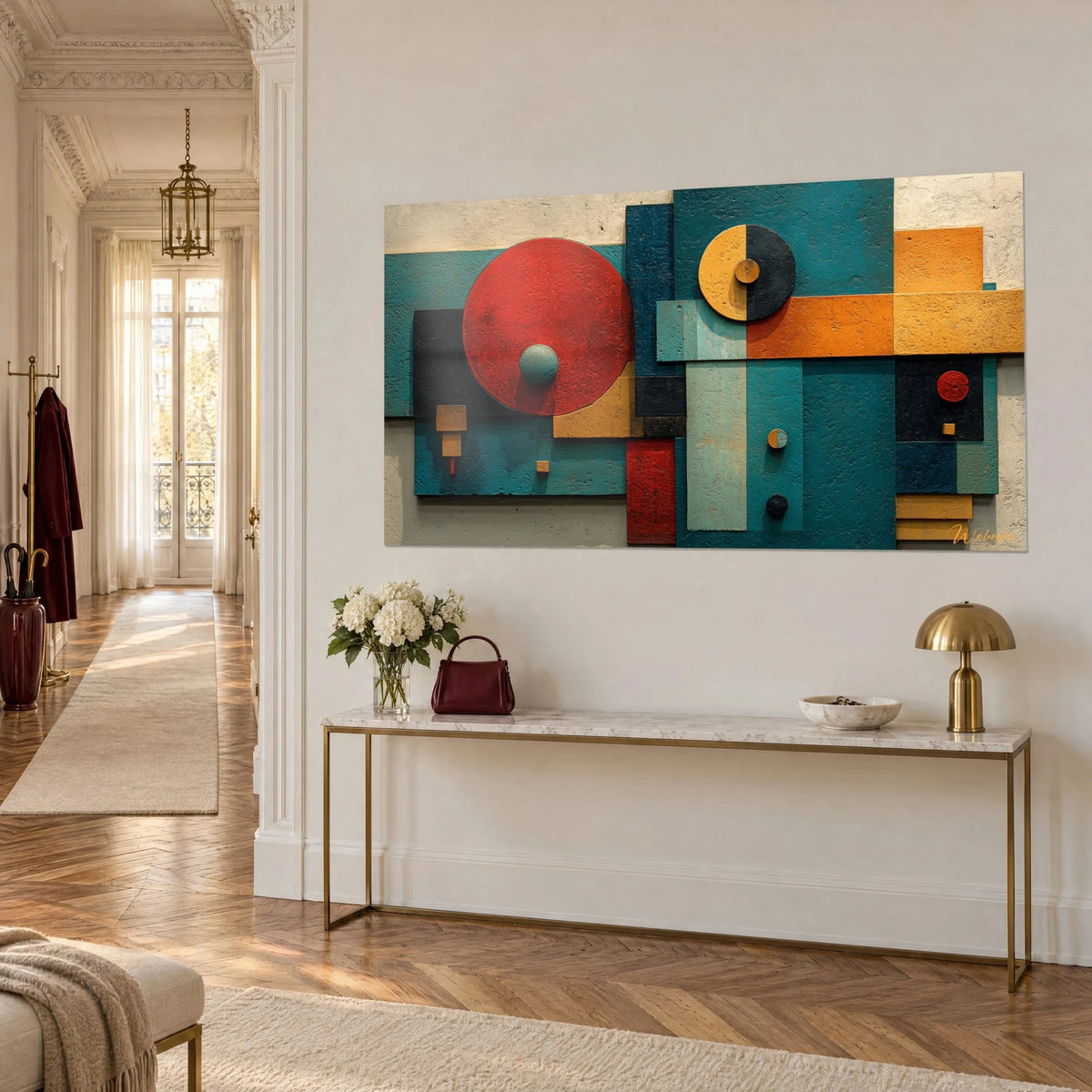 Tableau mosaïque de rectangles turquoise et orange sur disque vermillon, en vue de trois-quarts au-dessus d'une console dorée