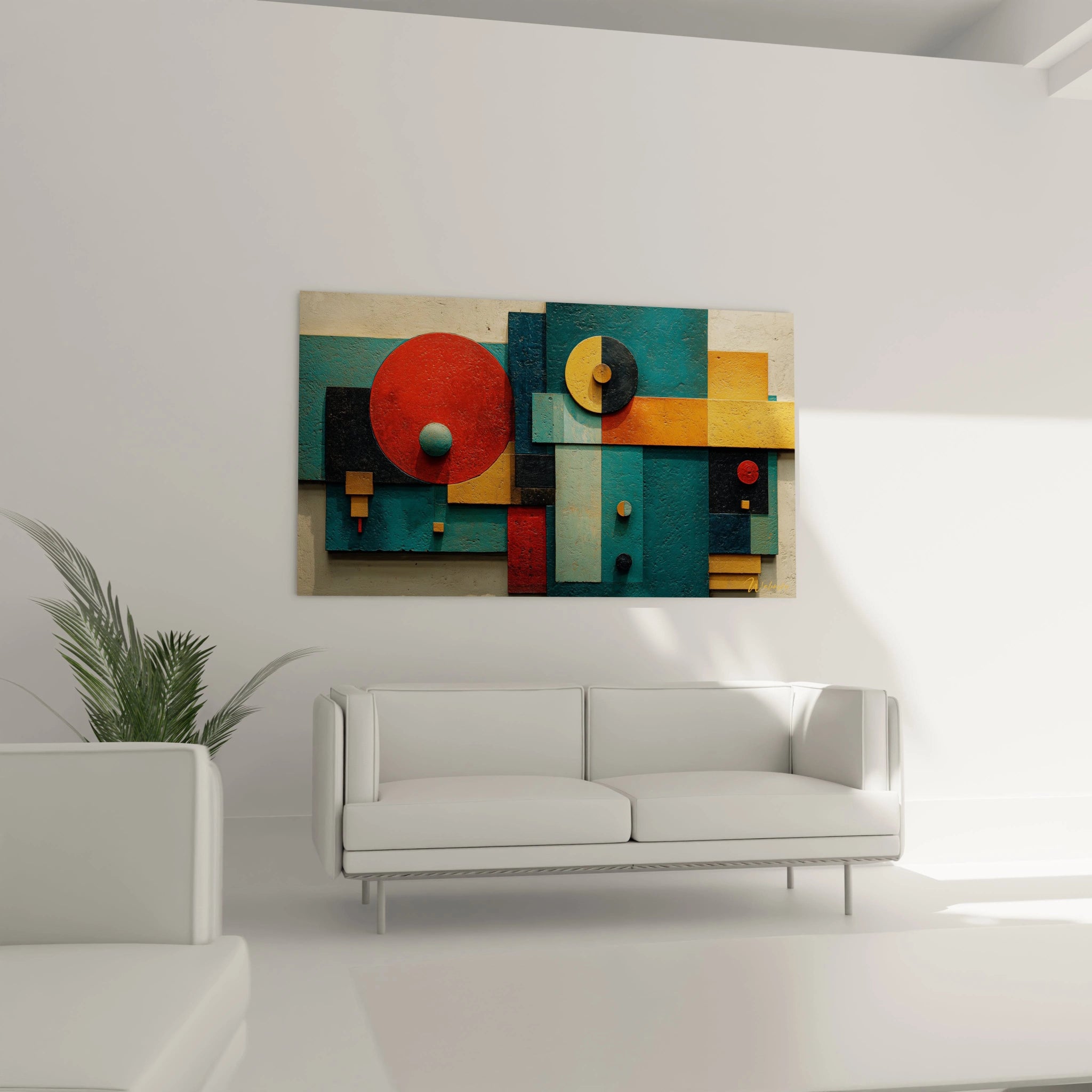 Walensky tableau géométrique abstrait mural aux formes rouges jaunes et turquoises accroché au dessus d un canapé blanc