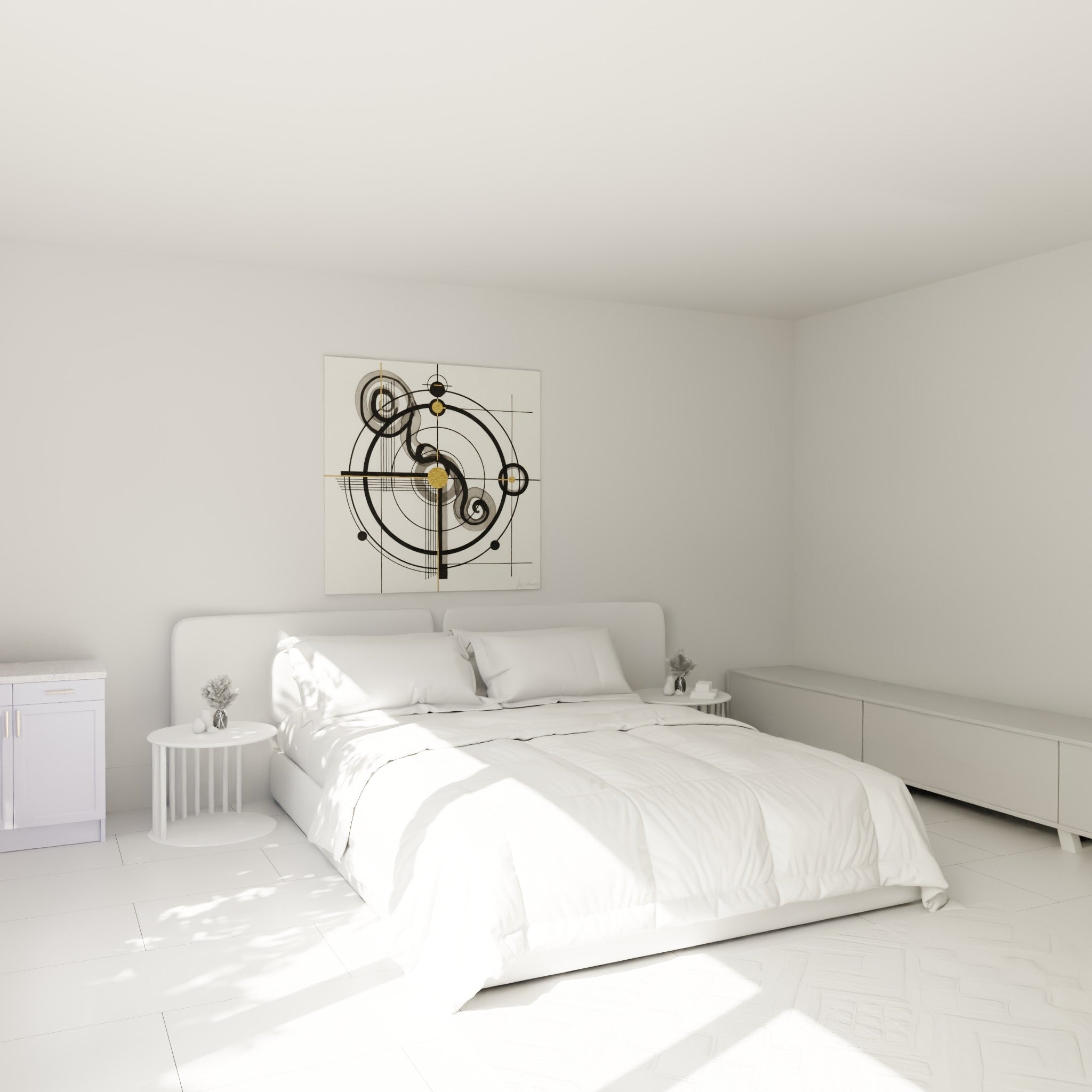 Spirales dorées et noires se déployant au-dessus d'un lit dans une chambre claire